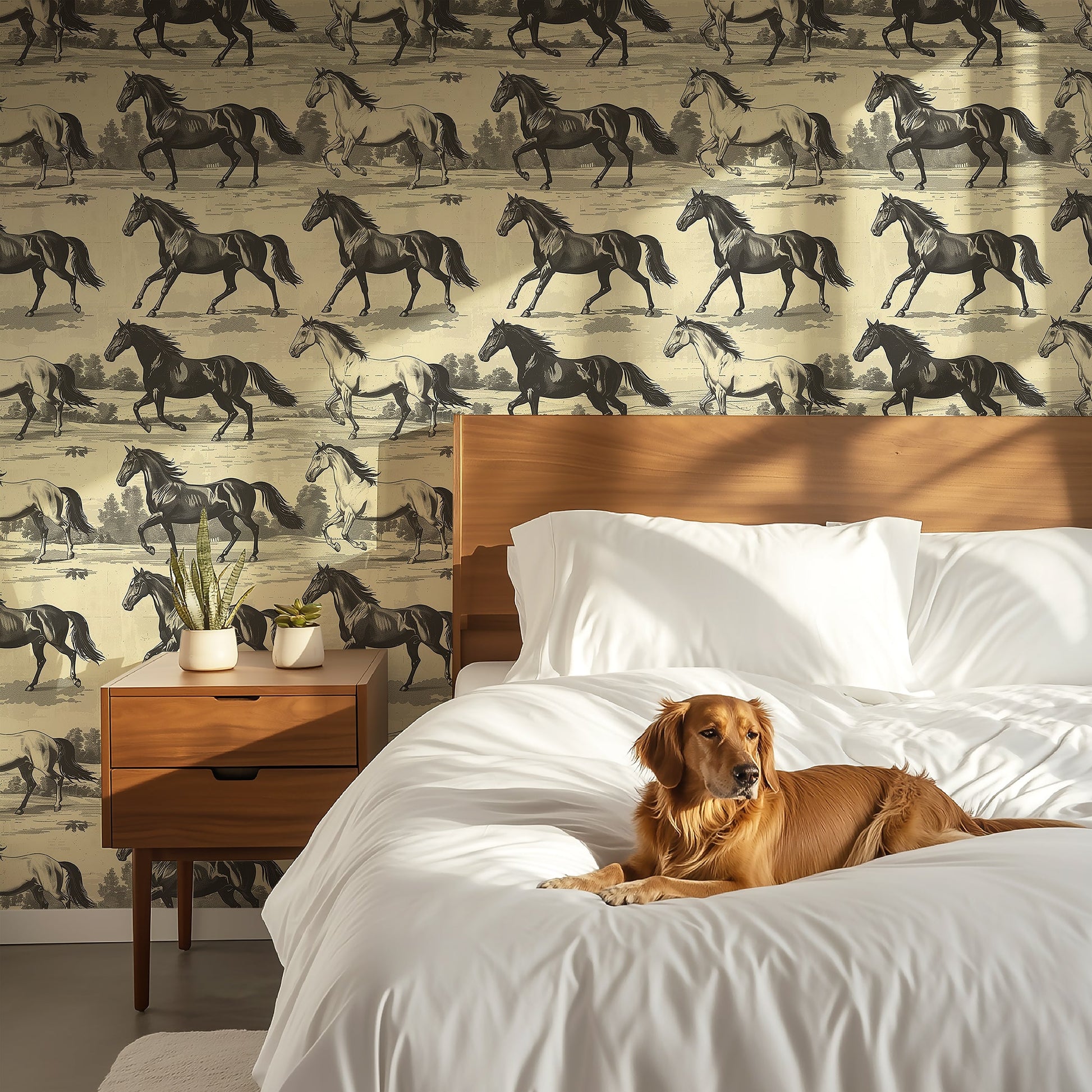 Interior with Timeless Trot horse wallpaper in brown and tan, featuring horses, and a cozy dog resting on a white bed.