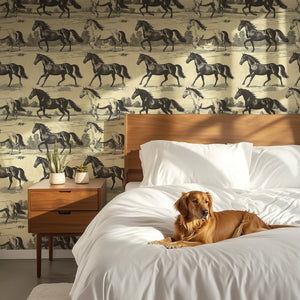Interior with Timeless Trot horse wallpaper in brown and tan, featuring horses, and a cozy dog resting on a white bed.