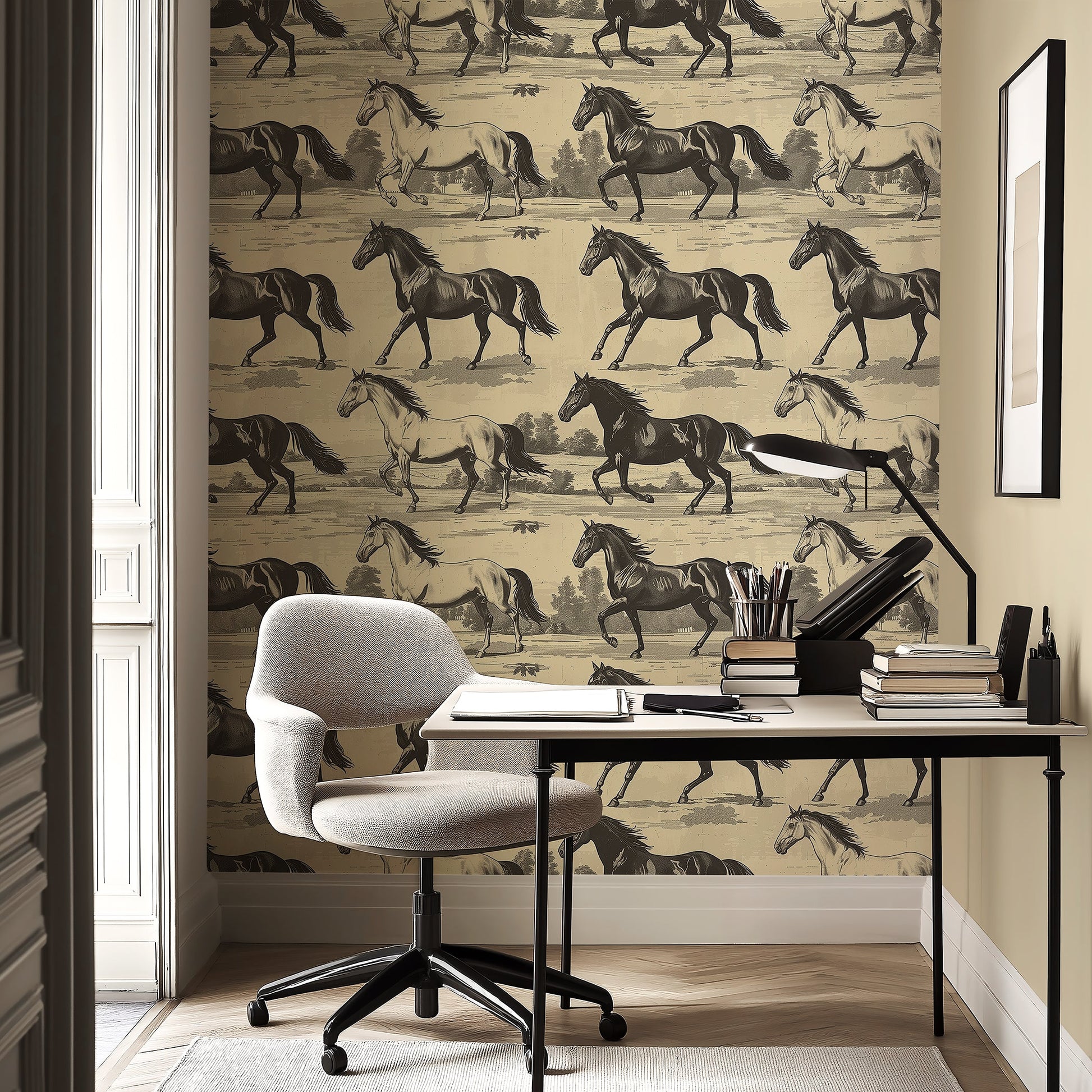 Timeless Trot vintage horse wallpaper with black and tan horses in countryside, perfect for traditional and rustic interiors.