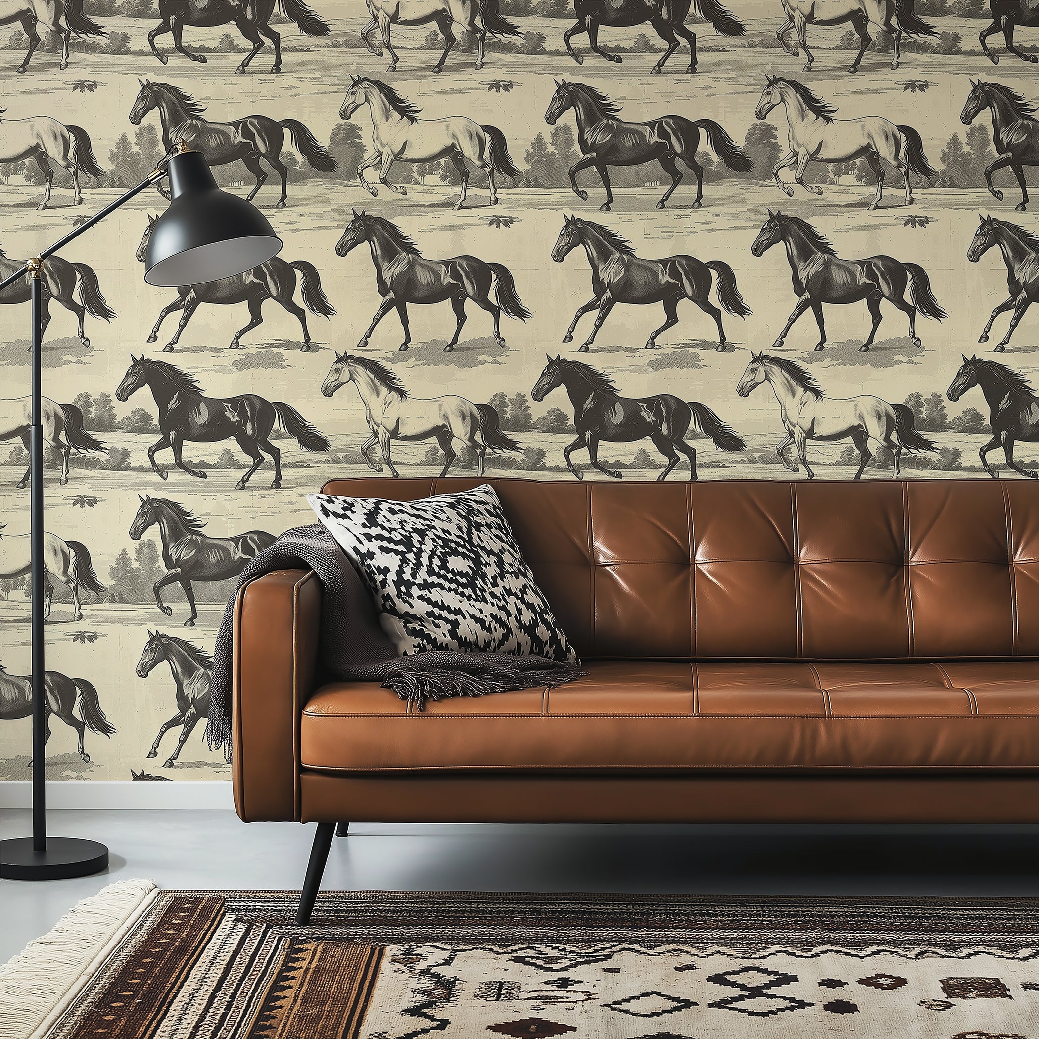 Vintage horse wallpaper with black, brown, and tan motifs, featuring elegant equestrian scenes in a rustic living room setting.