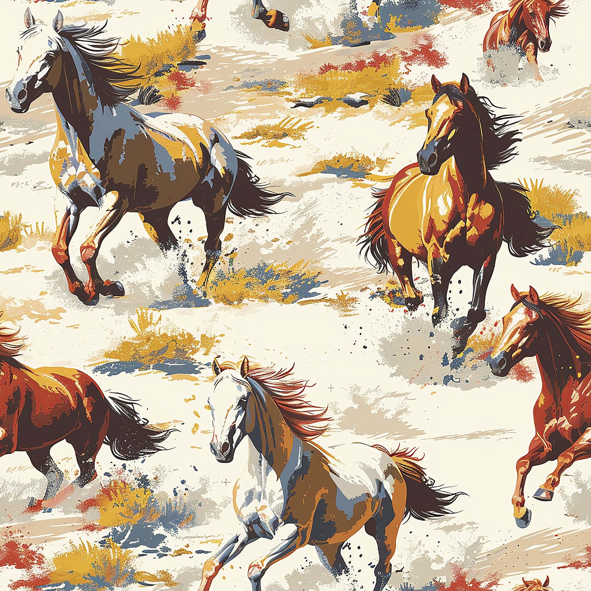 "Spirit of the West" wallpaper featuring galloping horses over desert terrain, ideal for rustic or modern design with Western flair.
