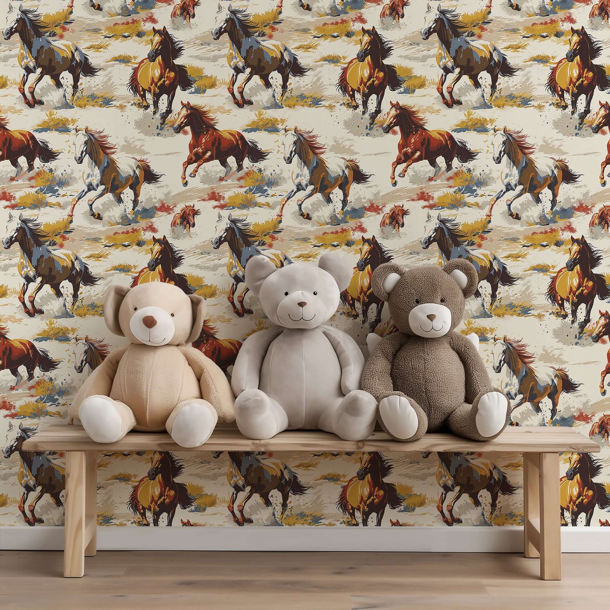 Spirit of the West wallpaper with galloping horses and desert tones behind plush toys on a wooden bench, ideal for Western decor.