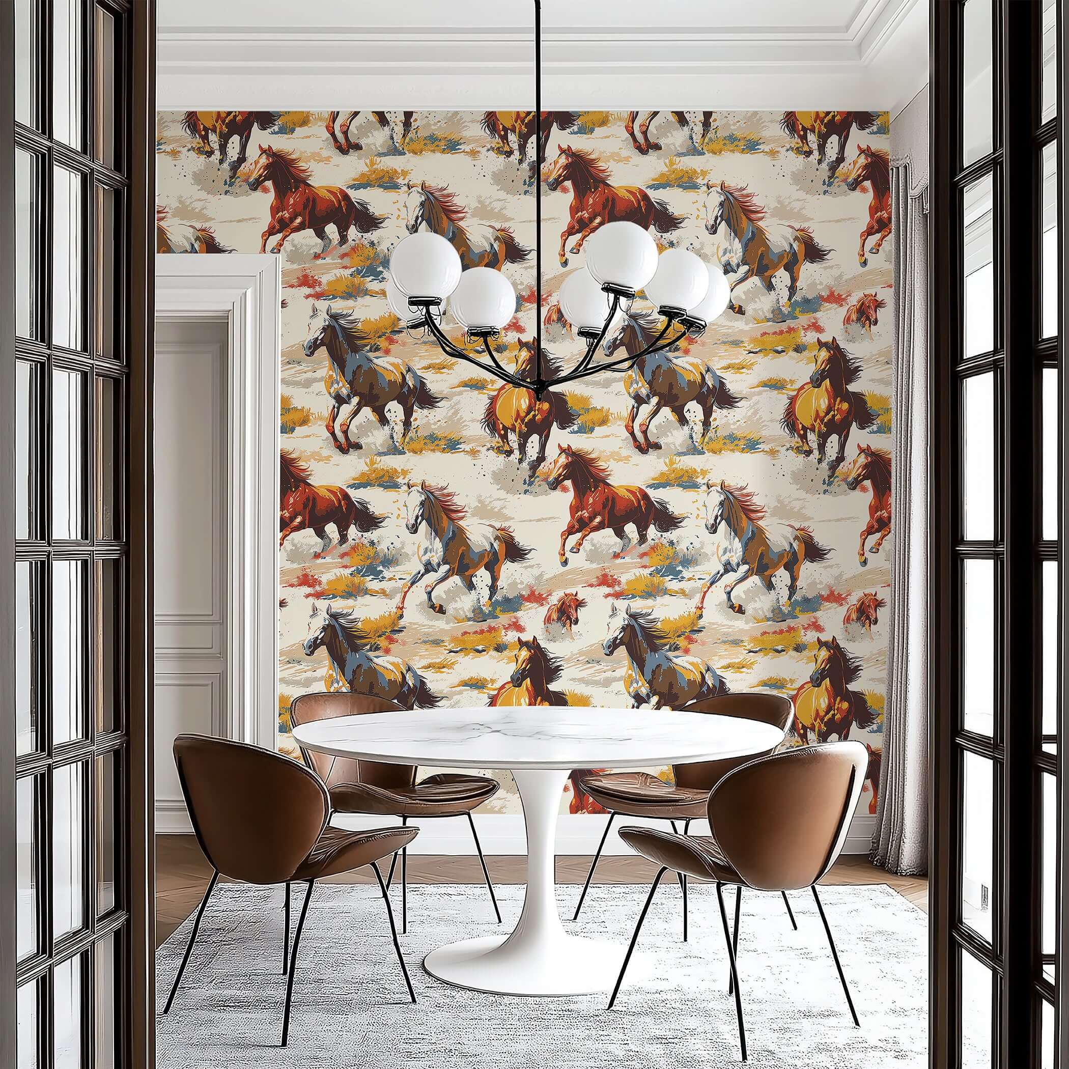 Spirit of the West wallpaper featuring wild horses over desert terrain, ideal for Western-inspired modern design dining room décor.