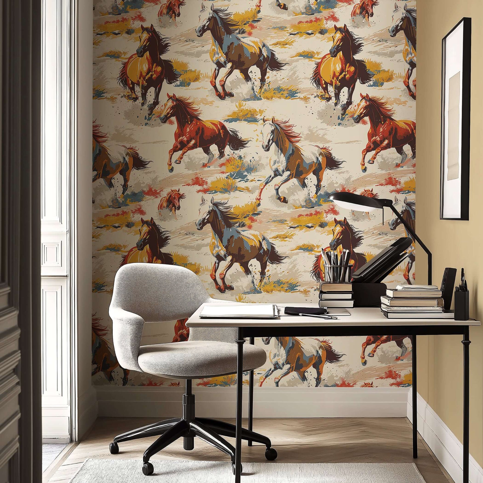 Spirit of the West wallpaper featuring wild horses galloping over desert terrain, ideal for modern ranch or Western-themed interiors.