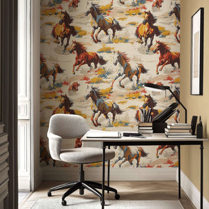 Spirit of the West wallpaper featuring wild horses galloping over desert terrain, ideal for modern ranch or Western-themed interiors.