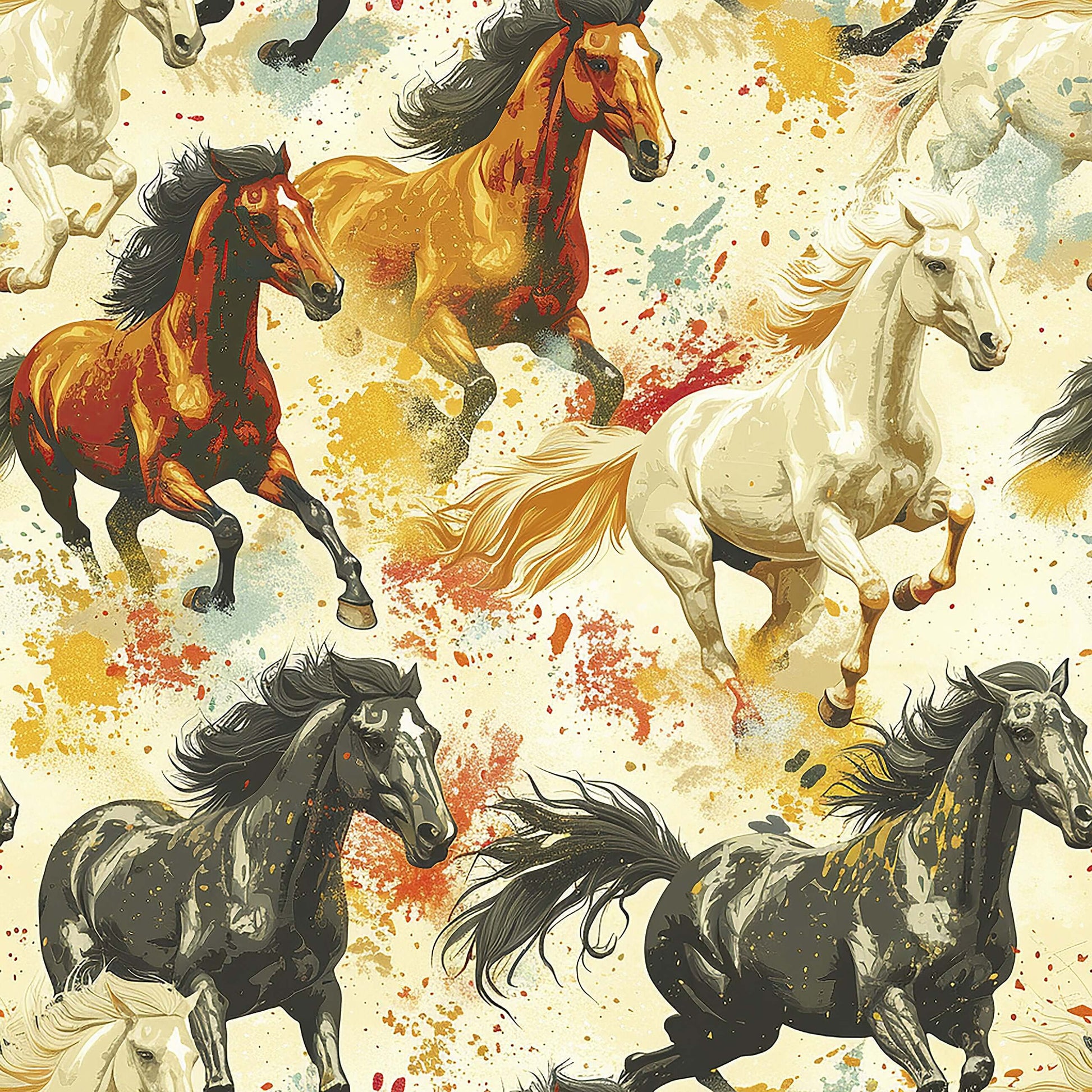 Bold horse-themed wallpaper with chestnut, ivory, and onyx mustangs on a watercolor desert backdrop, exuding a carefree untamed spirit.