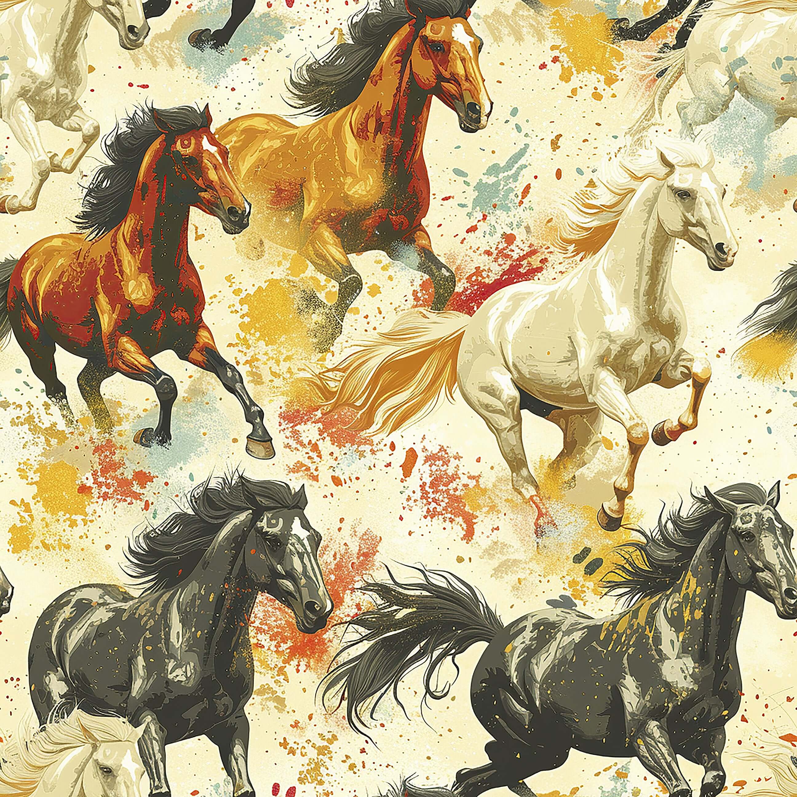 Bold horse-themed wallpaper with chestnut, ivory, and onyx mustangs on a watercolor desert backdrop, exuding a carefree untamed spirit.