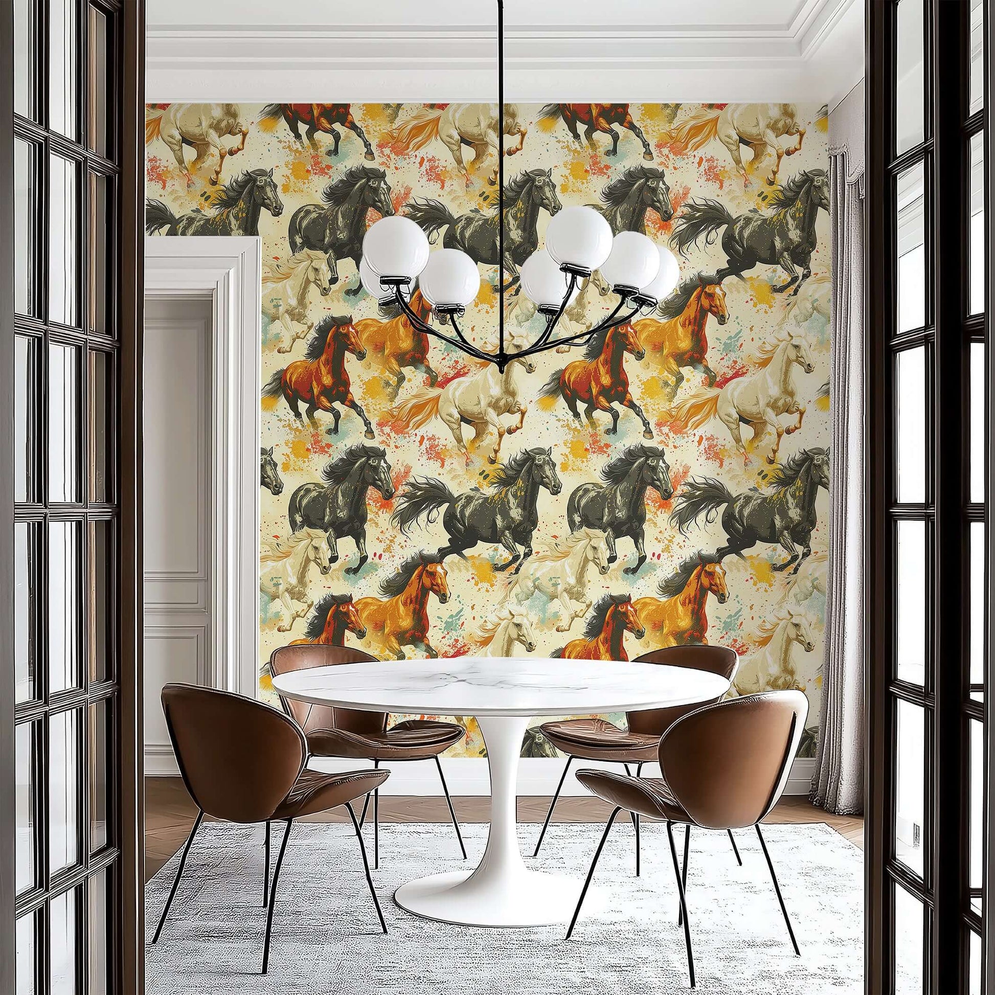 Bold horse-themed wallpaper with wild mustangs in watercolor, perfect for adding desert spirit and carefree style to any room.