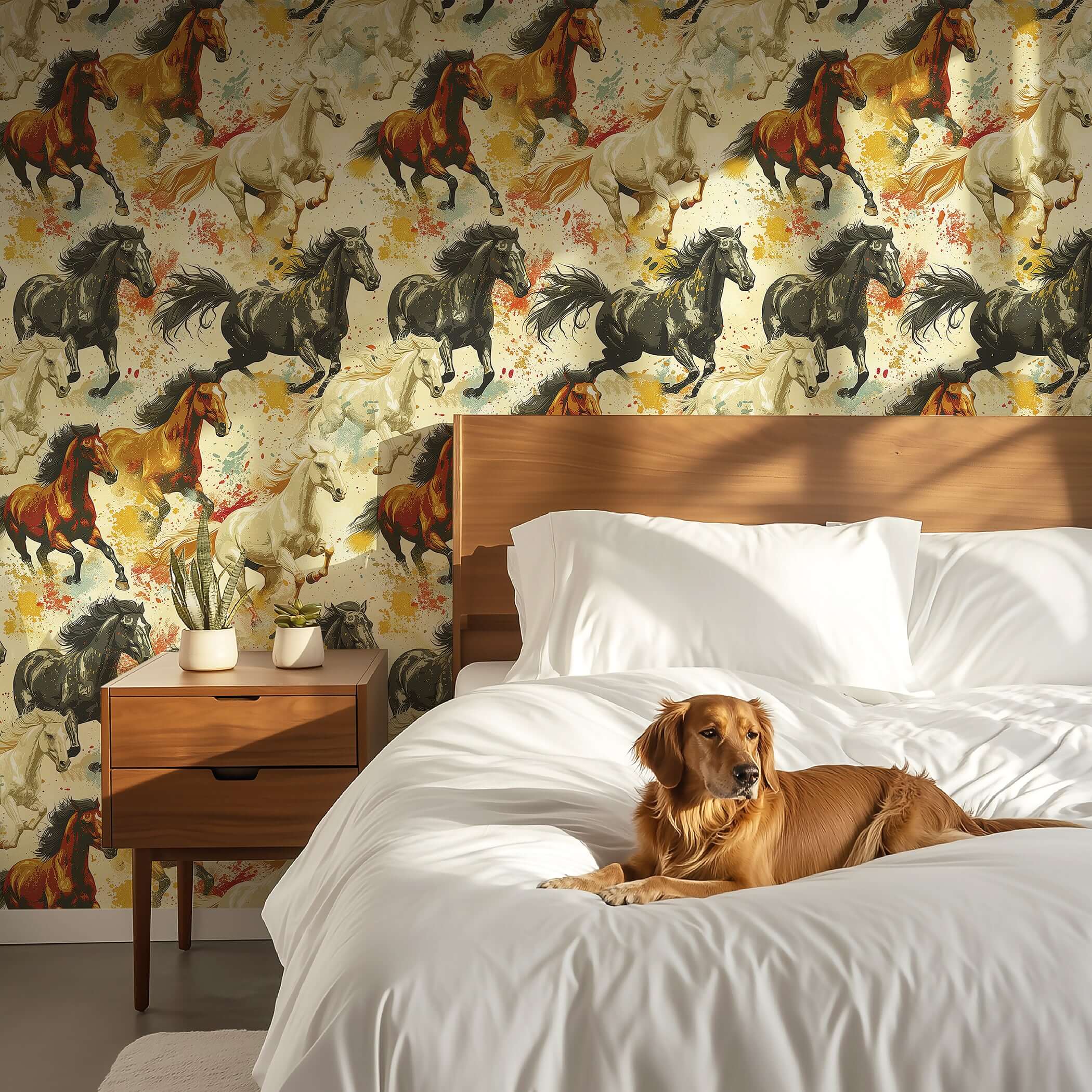 Untamed Spirit horse-themed wallpaper with mustangs in a bedroom, evoking a carefree, desert vibe; perfect for rustic and eclectic decor.
