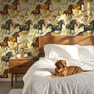 Untamed Spirit horse-themed wallpaper with mustangs in a bedroom, evoking a carefree, desert vibe; perfect for rustic and eclectic decor.