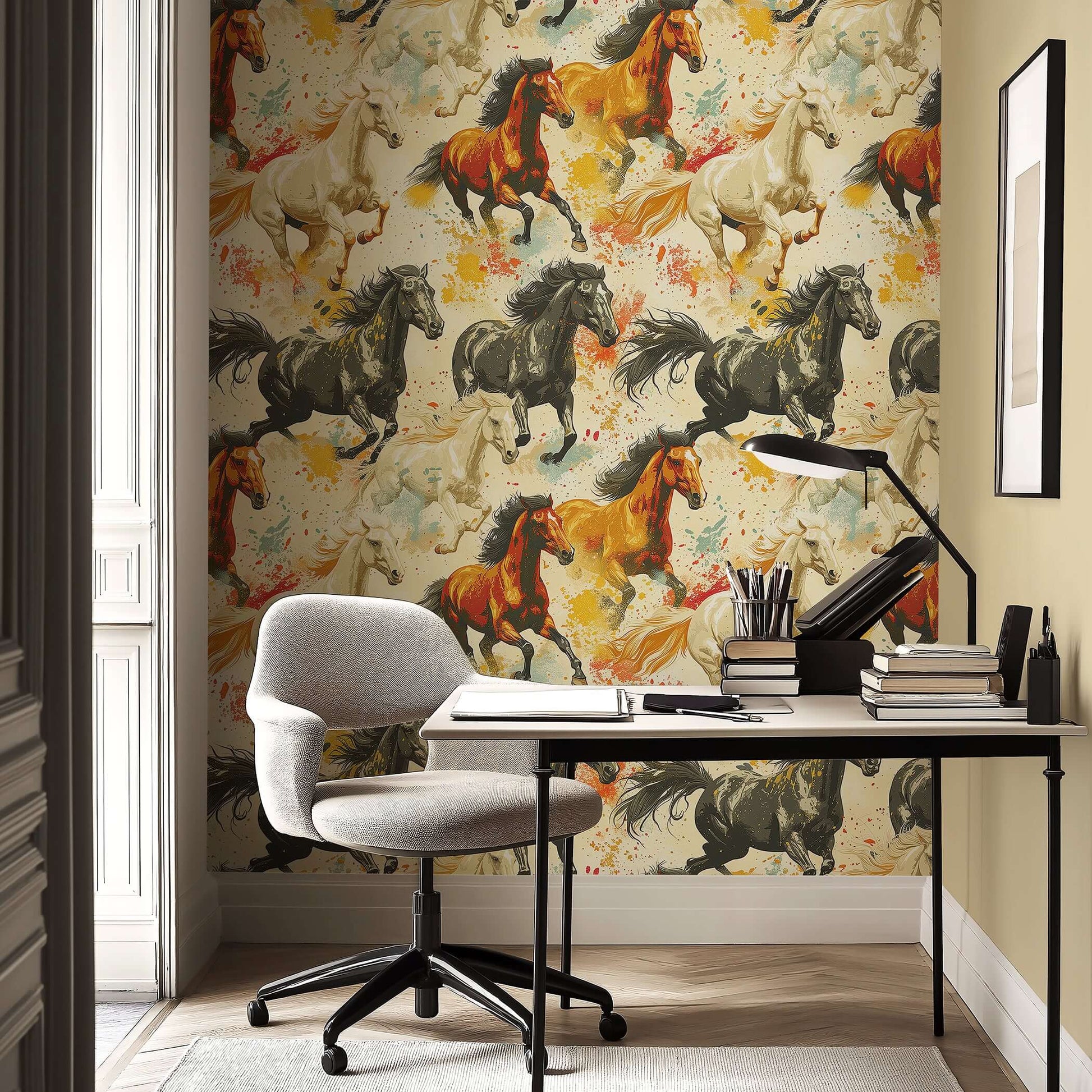 Untamed Spirit horse-themed wallpaper with vibrant mustangs on a watercolor backdrop, ideal for carefree, desert-inspired décor.