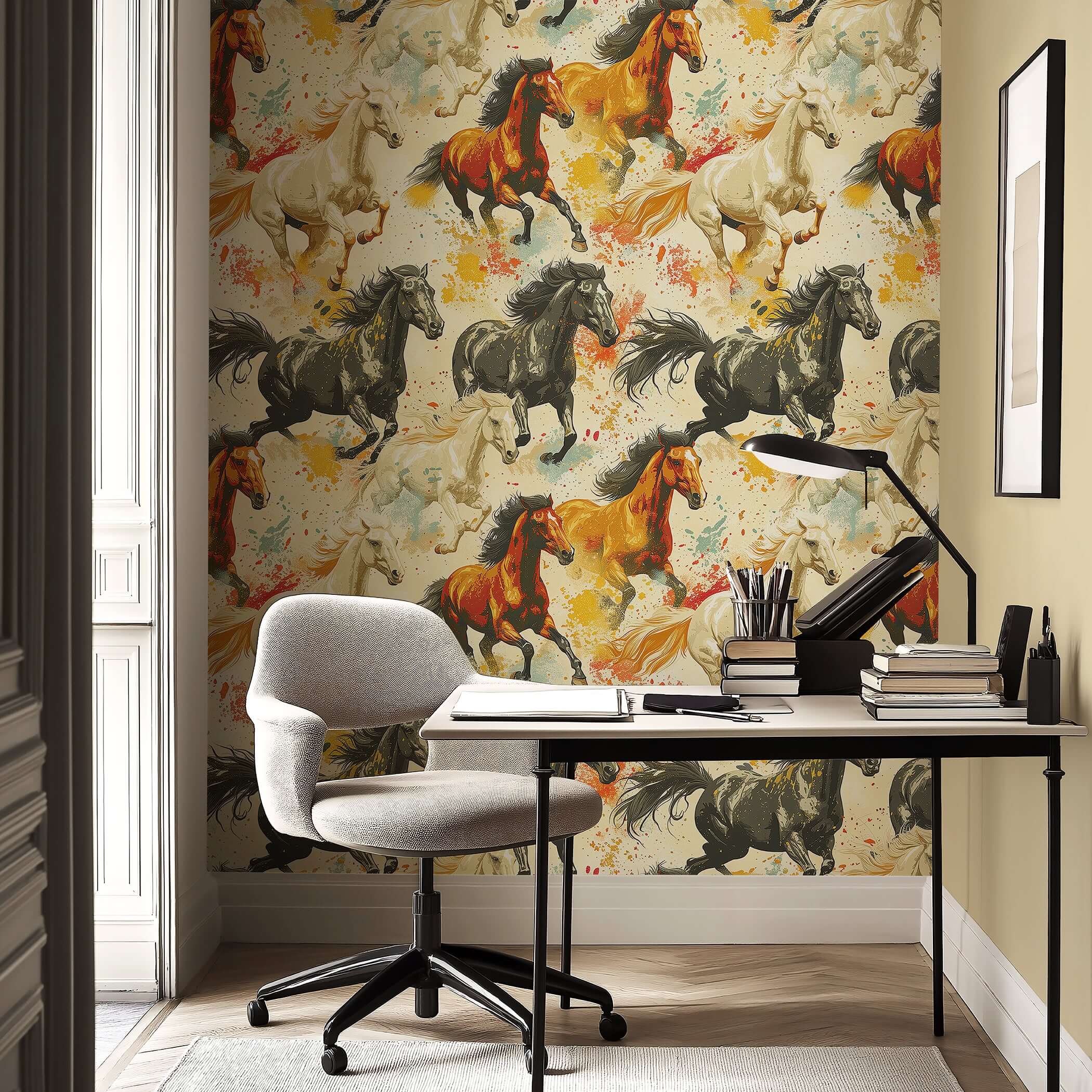 Untamed Spirit horse-themed wallpaper with vibrant mustangs on a watercolor backdrop, ideal for carefree, desert-inspired décor.