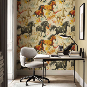 Untamed Spirit horse-themed wallpaper with vibrant mustangs on a watercolor backdrop, ideal for carefree, desert-inspired décor.