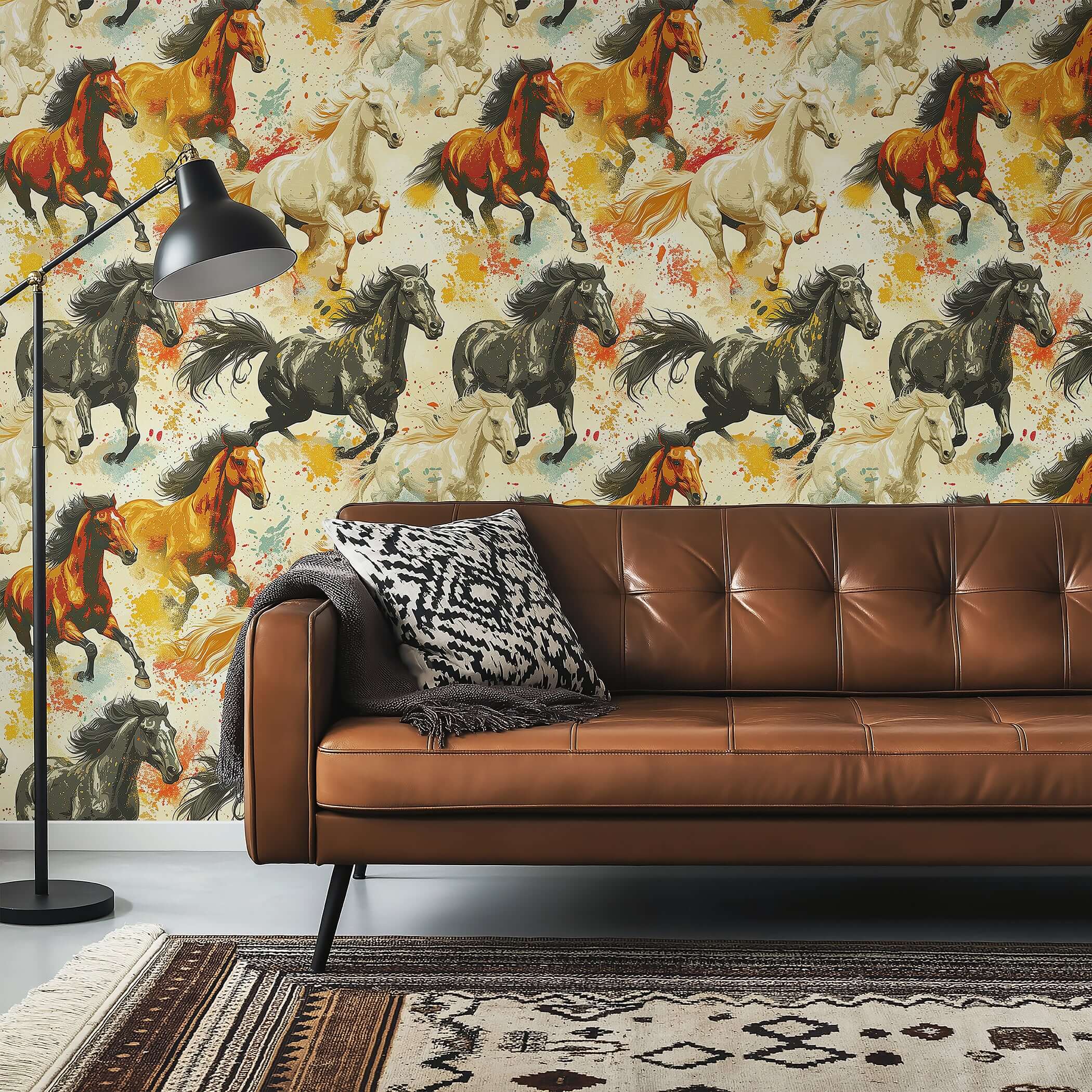 "Untamed Spirit horse wallpaper with chestnut, ivory, and onyx mustangs on a watercolor backdrop, ideal for carefree desert style."