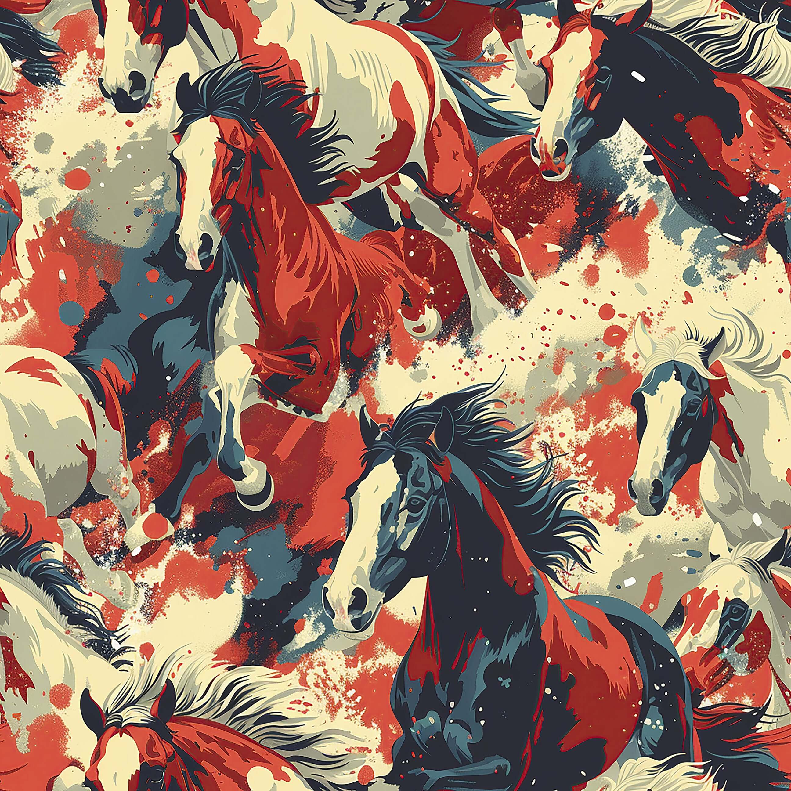 Galloping horses in red, cream, and charcoal create dynamic movement in modern 'Wildfire Rush' wallpaper, ideal for contemporary spaces.