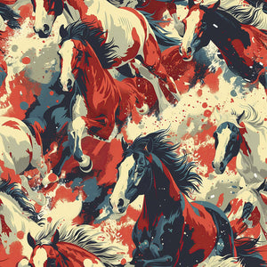 Galloping horses in red, cream, and charcoal create dynamic movement in modern 'Wildfire Rush' wallpaper, ideal for contemporary spaces.