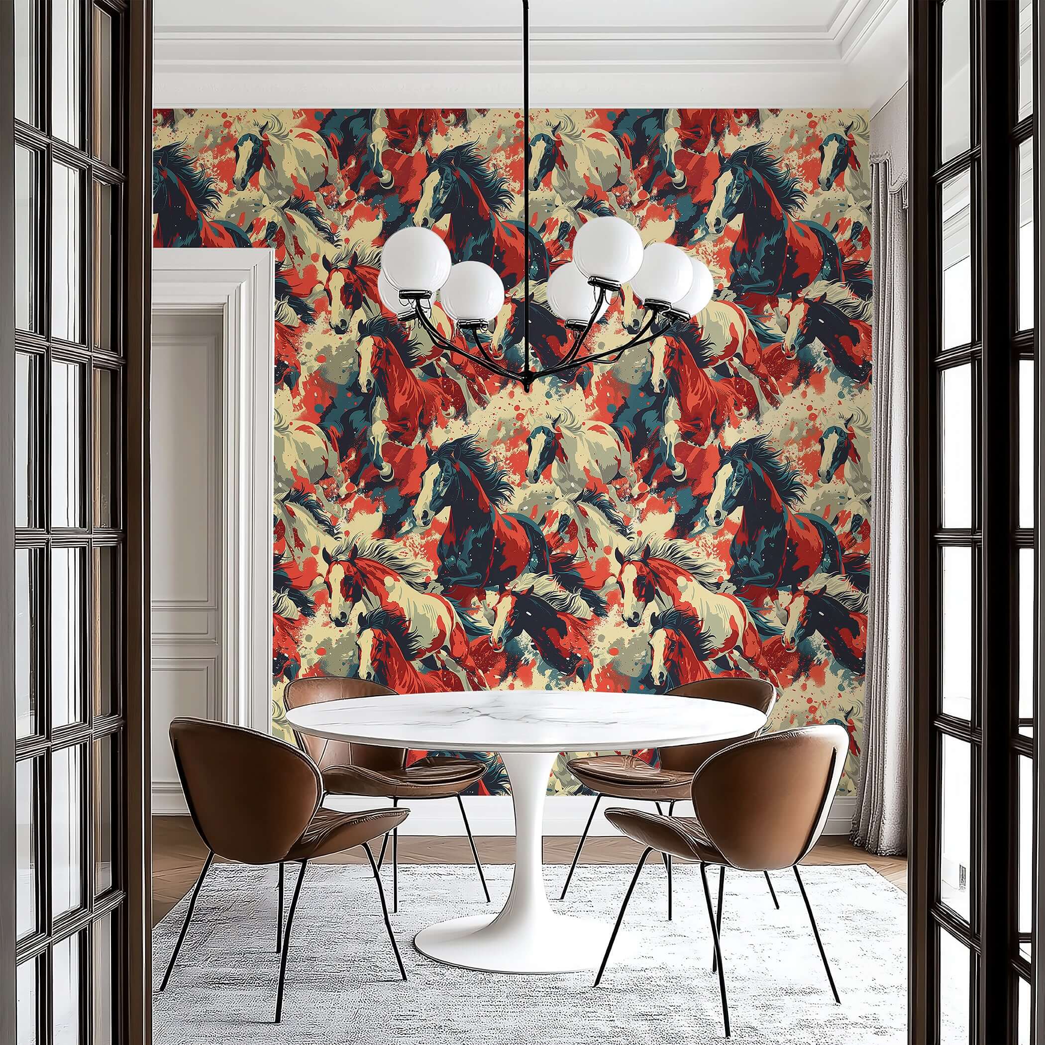 Wildfire Rush wallpaper featuring dynamic galloping horses in red, cream, and charcoal, perfect for modern and contemporary spaces.