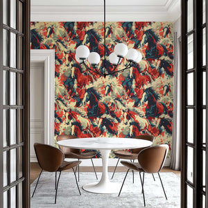 Wildfire Rush wallpaper featuring dynamic galloping horses in red, cream, and charcoal, perfect for modern and contemporary spaces.