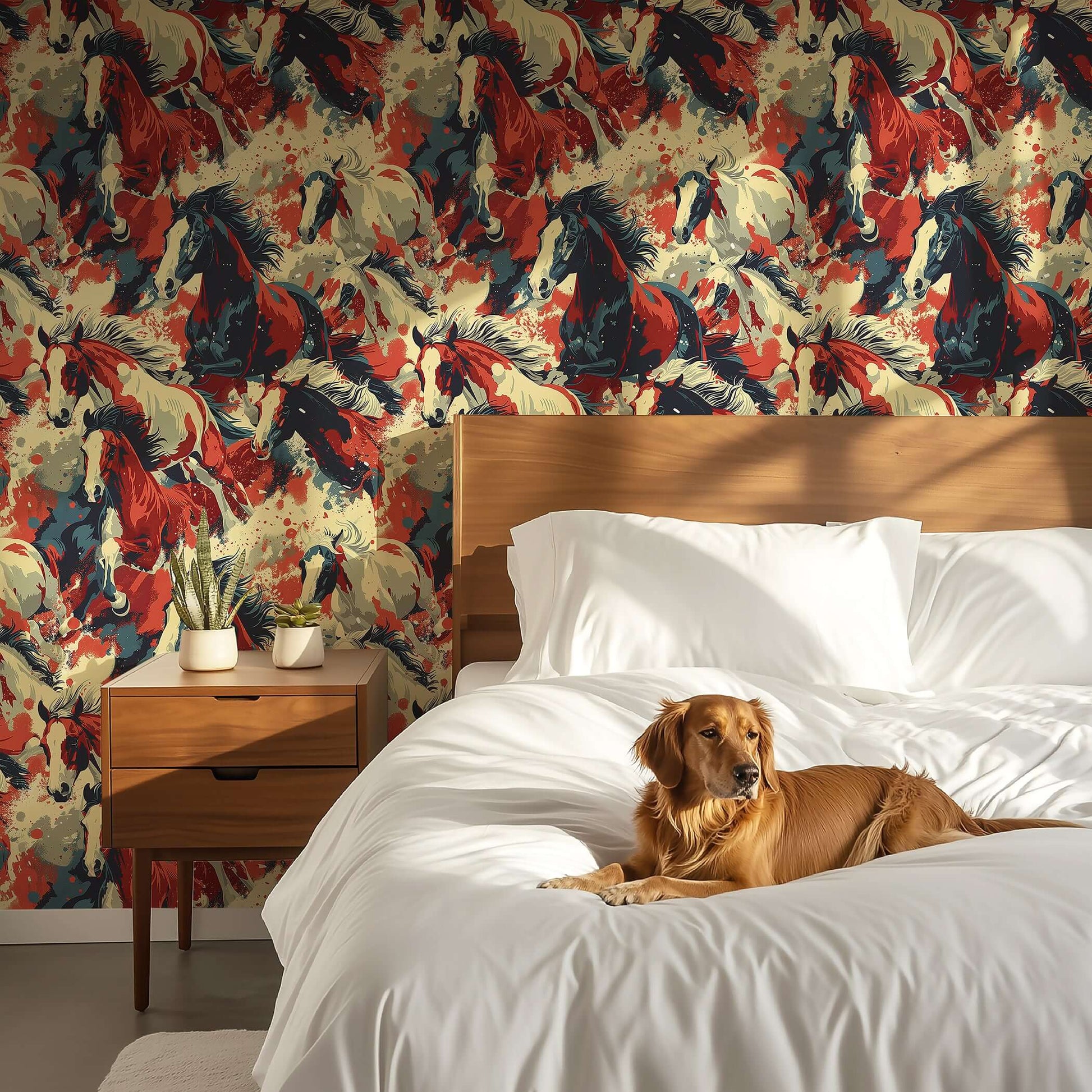 Modern bedroom with Wildfire Rush wallpaper featuring dynamic horses in red, cream, charcoal hues; a dog resting on the bed.