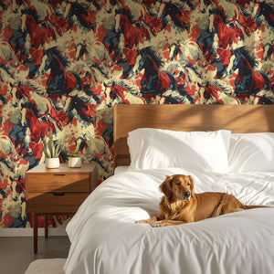 Modern bedroom with Wildfire Rush wallpaper featuring dynamic horses in red, cream, charcoal hues; a dog resting on the bed.