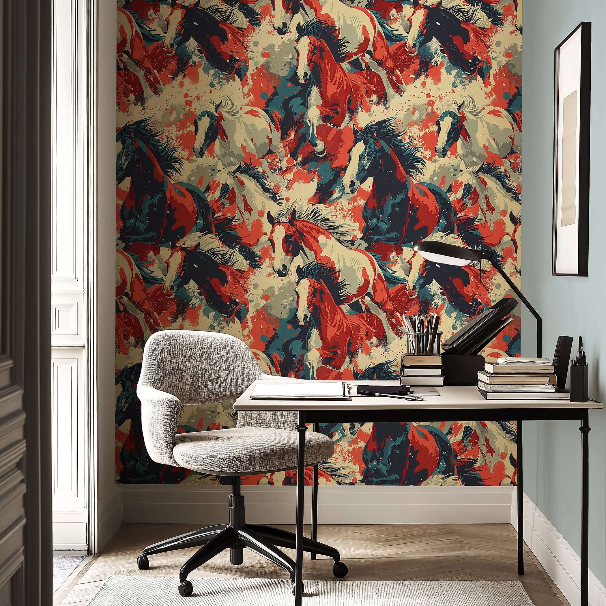 Wildfire Rush wallpaper with red, cream, and charcoal horses, creating a modern, contemporary backdrop for living or workspaces.