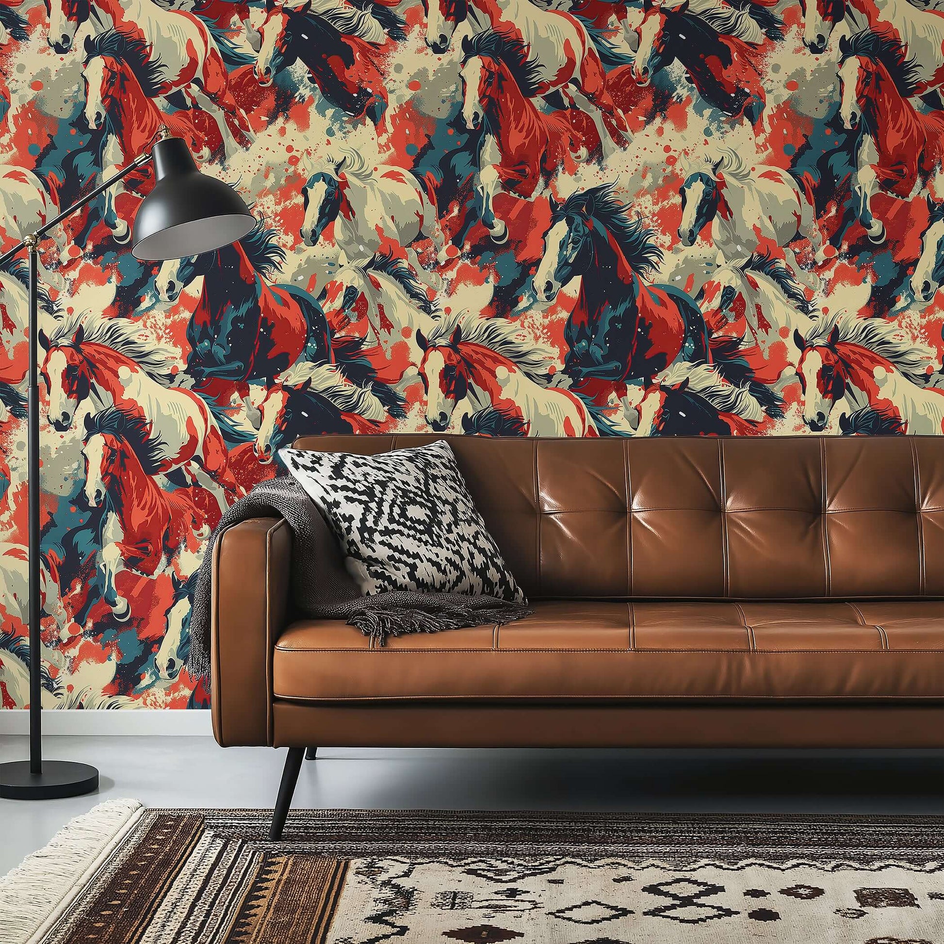 Wildfire Rush wallpaper featuring galloping horses in red, cream, and charcoal for a contemporary, modern design setting.