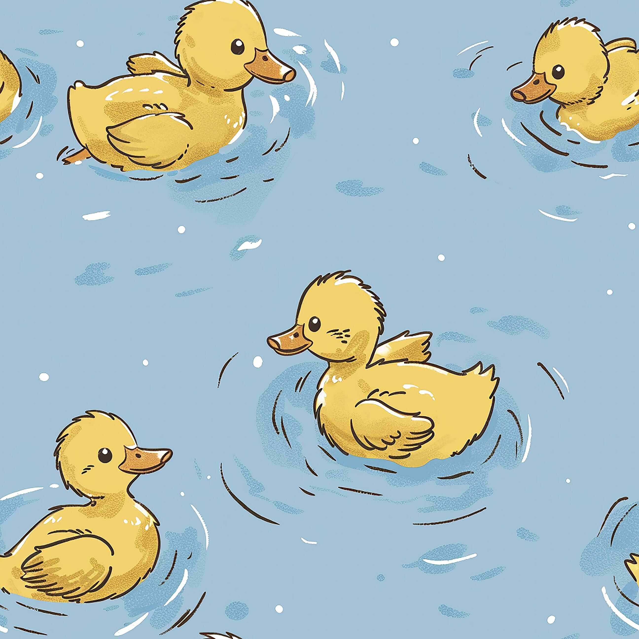 Whimsical "Pond Party" wallpaper with playful yellow ducklings paddling in blue water, perfect for children’s nursery or playroom.