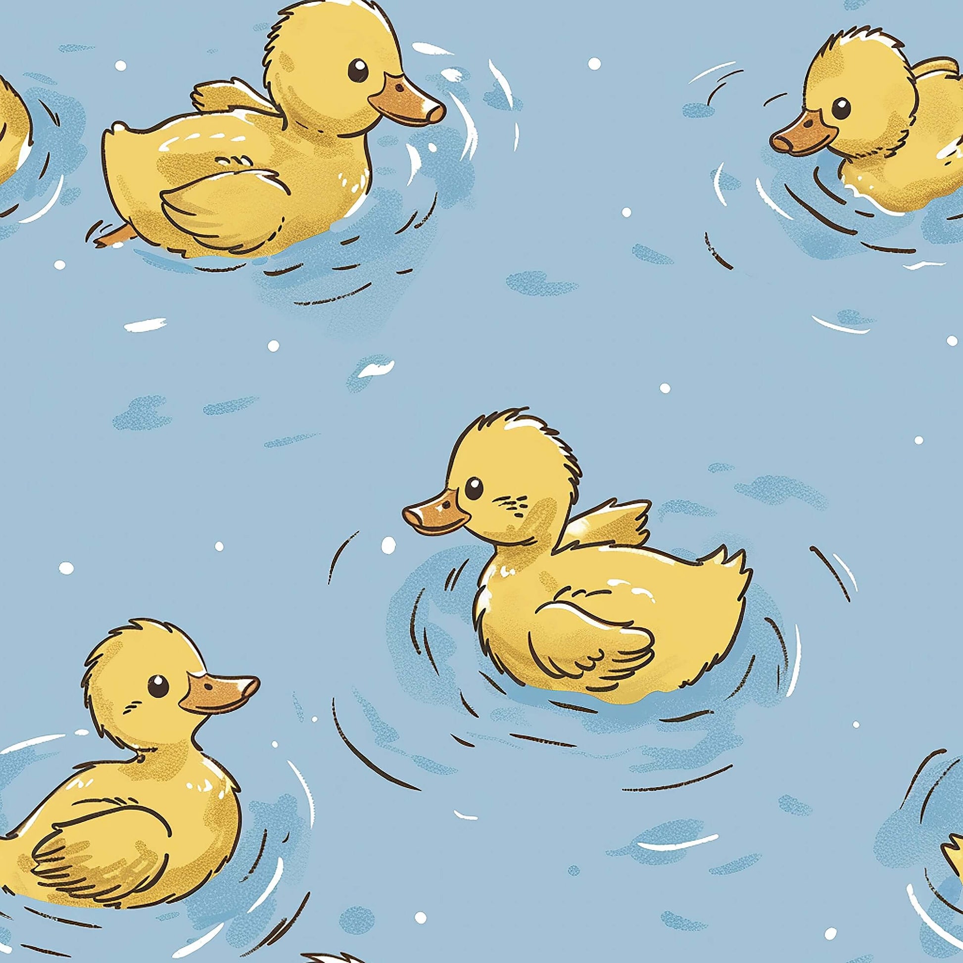 Whimsical "Pond Party" wallpaper with playful yellow ducklings paddling in blue water, perfect for children’s nursery or playroom.