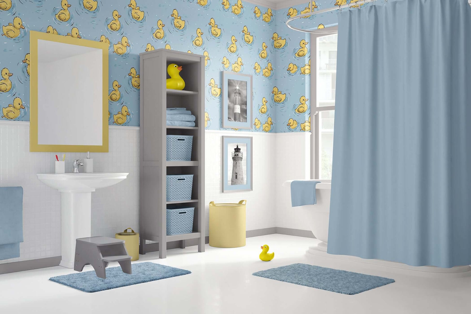 Playful bathroom with Pond Party wallpaper, featuring cheerful ducklings on a soft blue pond, perfect for children’s spaces.