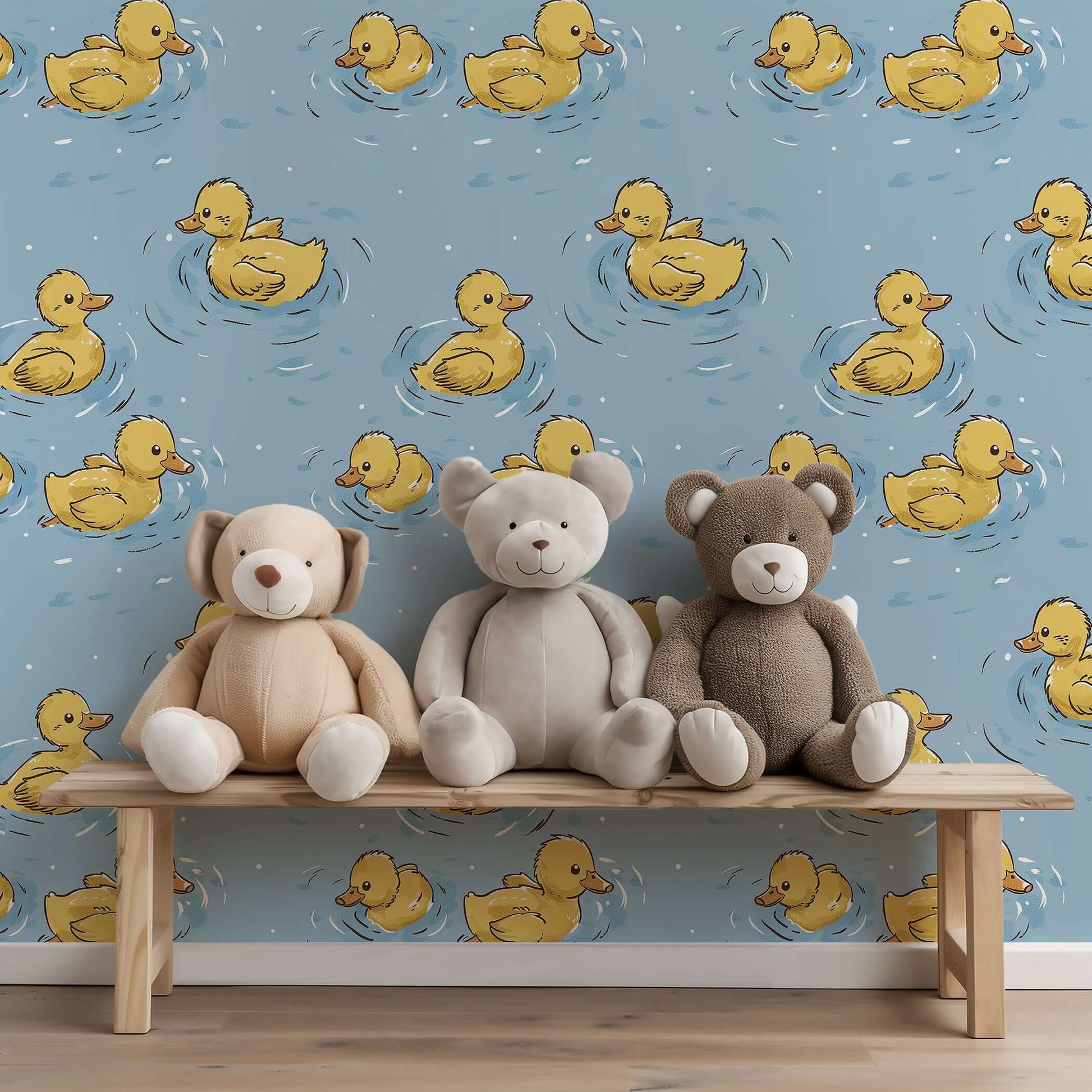 Playful Pond Party wallpaper with yellow ducks, perfect for children's nursery or playroom decor, shown with stuffed animals on a bench.