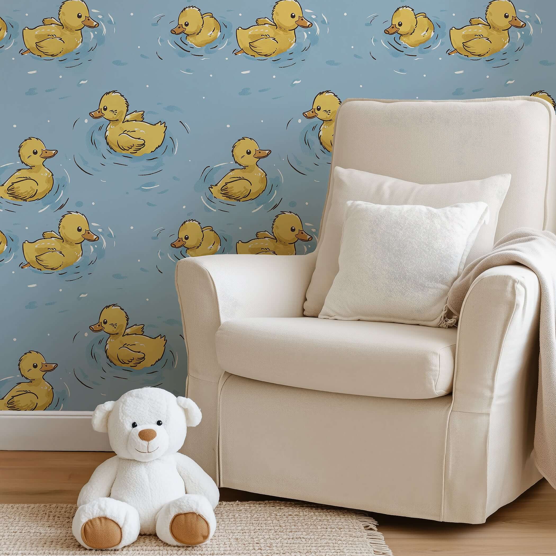 Adorable Pond Party wallpaper with yellow ducks swimming on blue, perfect for children's nursery or playroom decor.