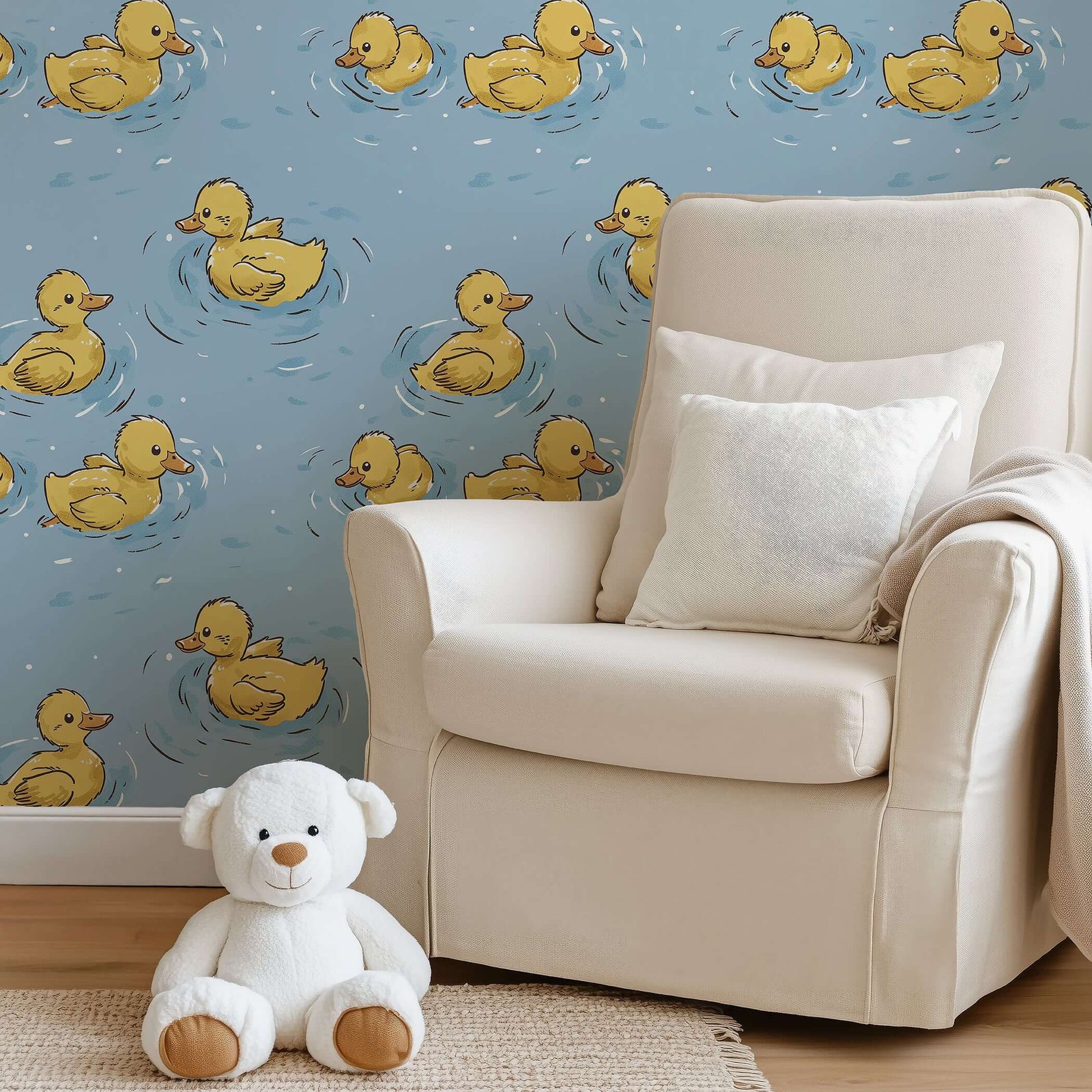 Adorable Pond Party wallpaper with yellow ducks swimming on blue, perfect for children's nursery or playroom decor.