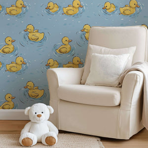 Adorable Pond Party wallpaper with yellow ducks swimming on blue, perfect for children's nursery or playroom decor.