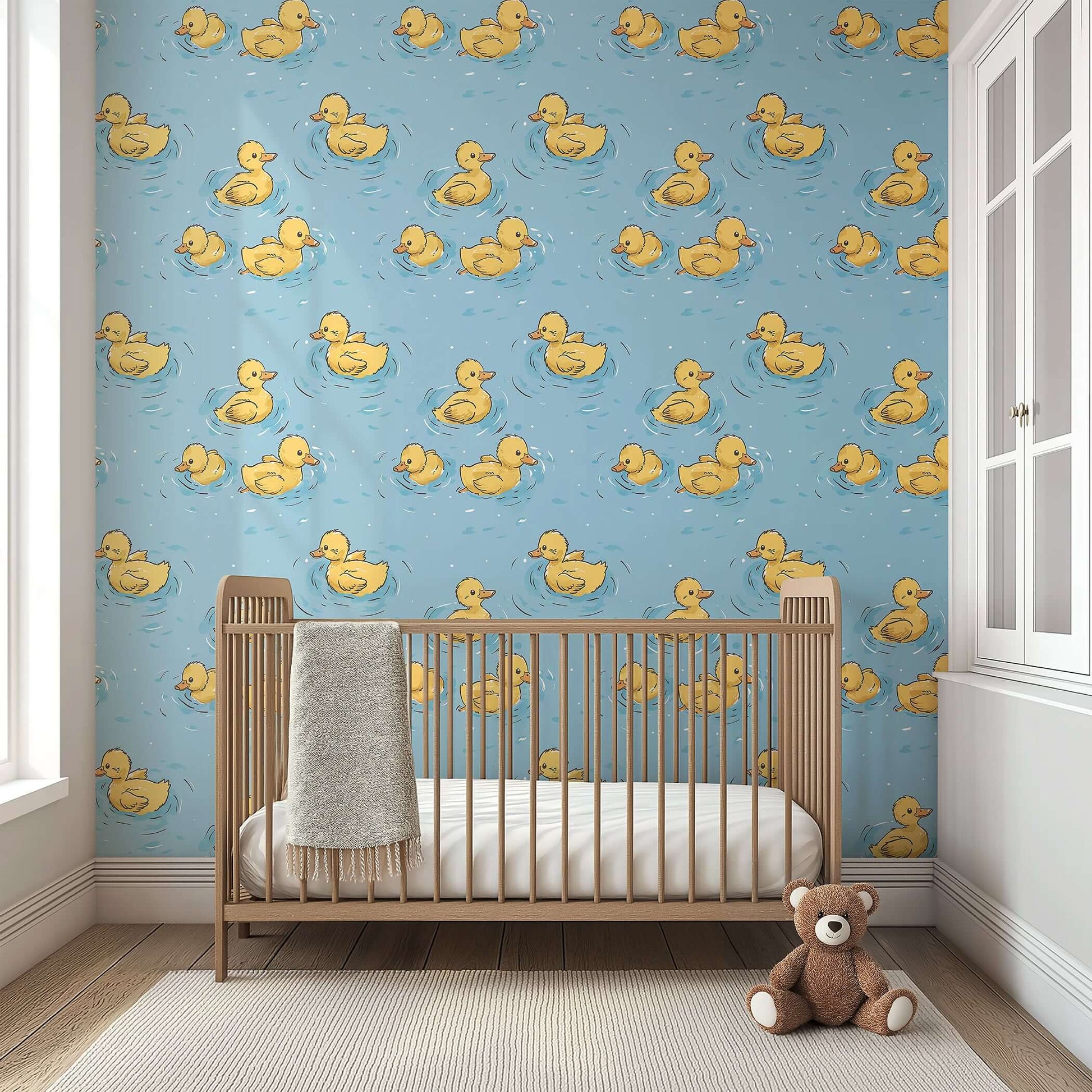 Whimsical "Pond Party" wallpaper with playful yellow ducks floating on a soft blue pond, perfect for nurseries and children's rooms.