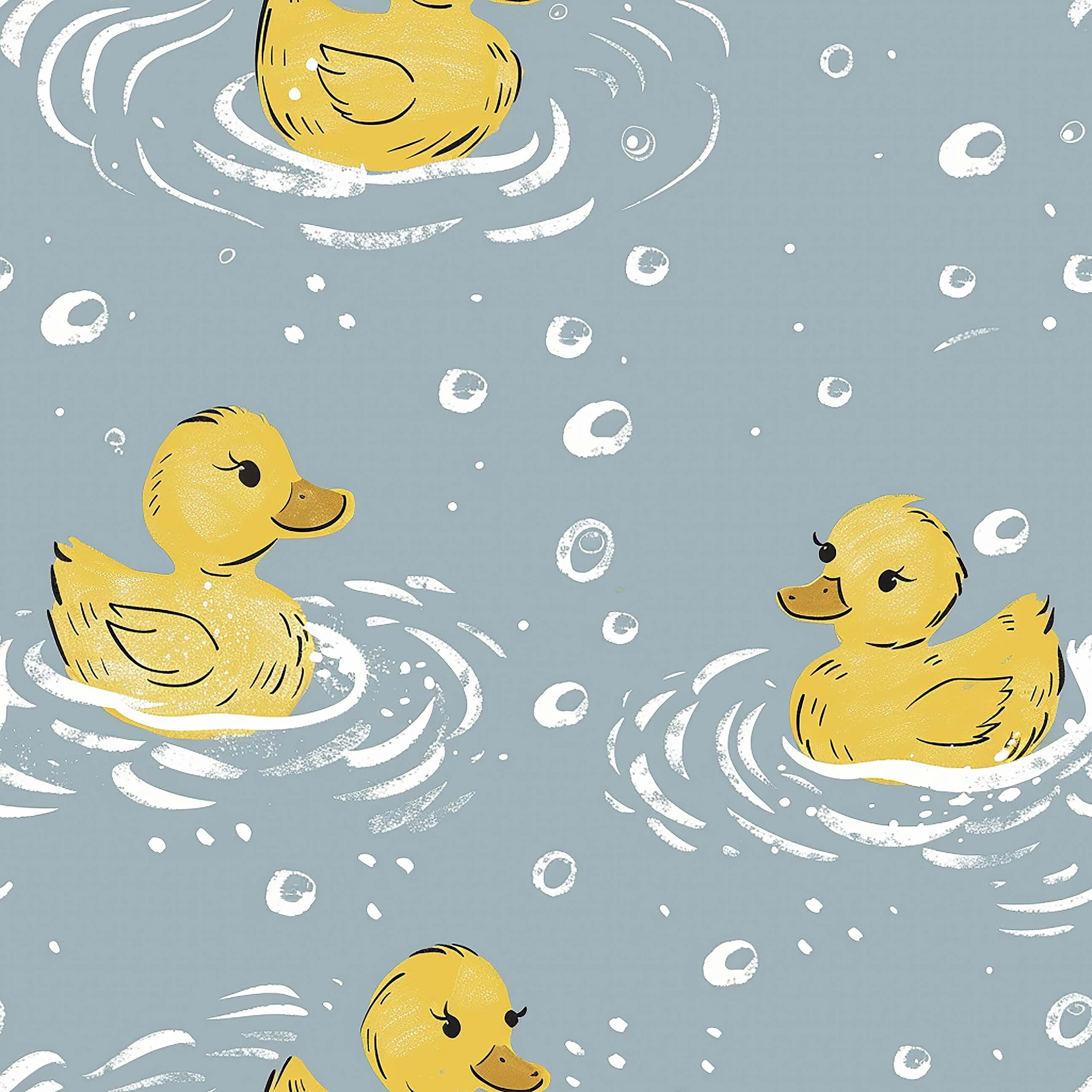 Playful ducklings in blue bubbly water on "Splish Splash" wallpaper for children's nursery and playroom decor.