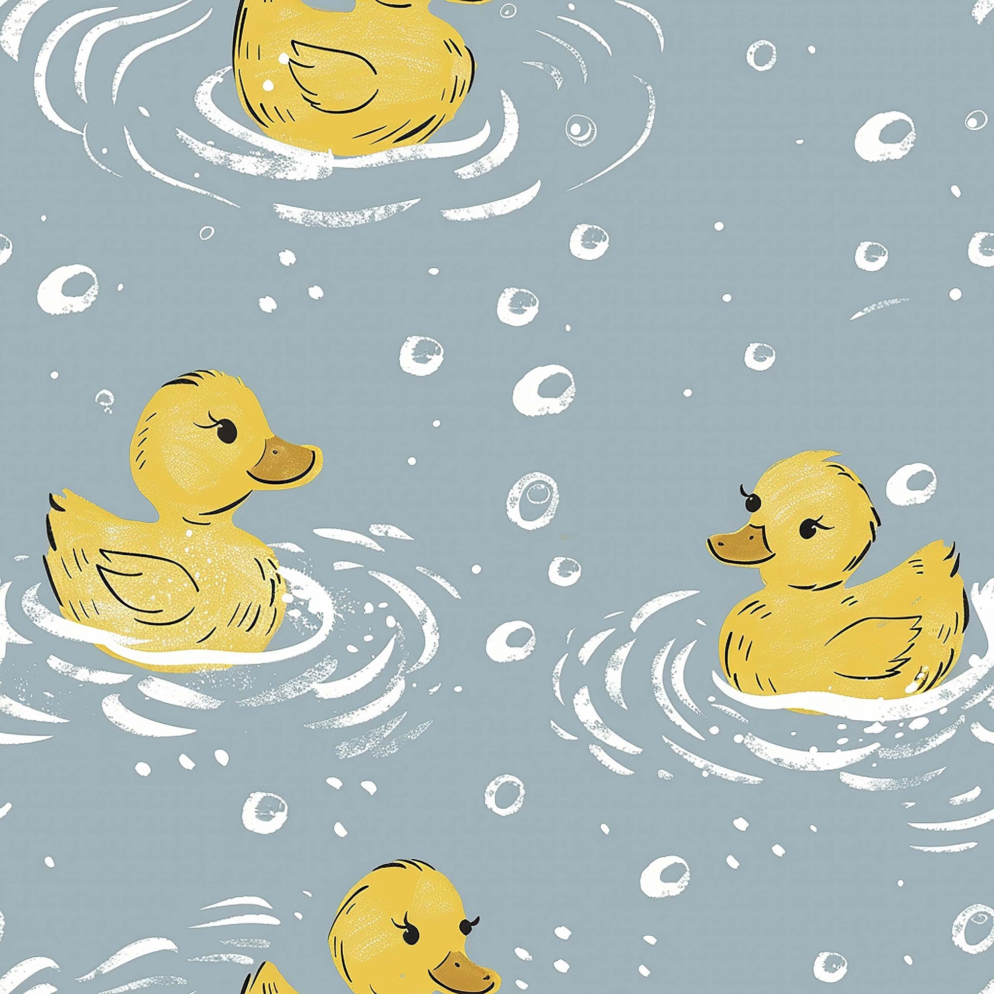 Playful ducklings in blue bubbly water on "Splish Splash" wallpaper for children's nursery and playroom decor.
