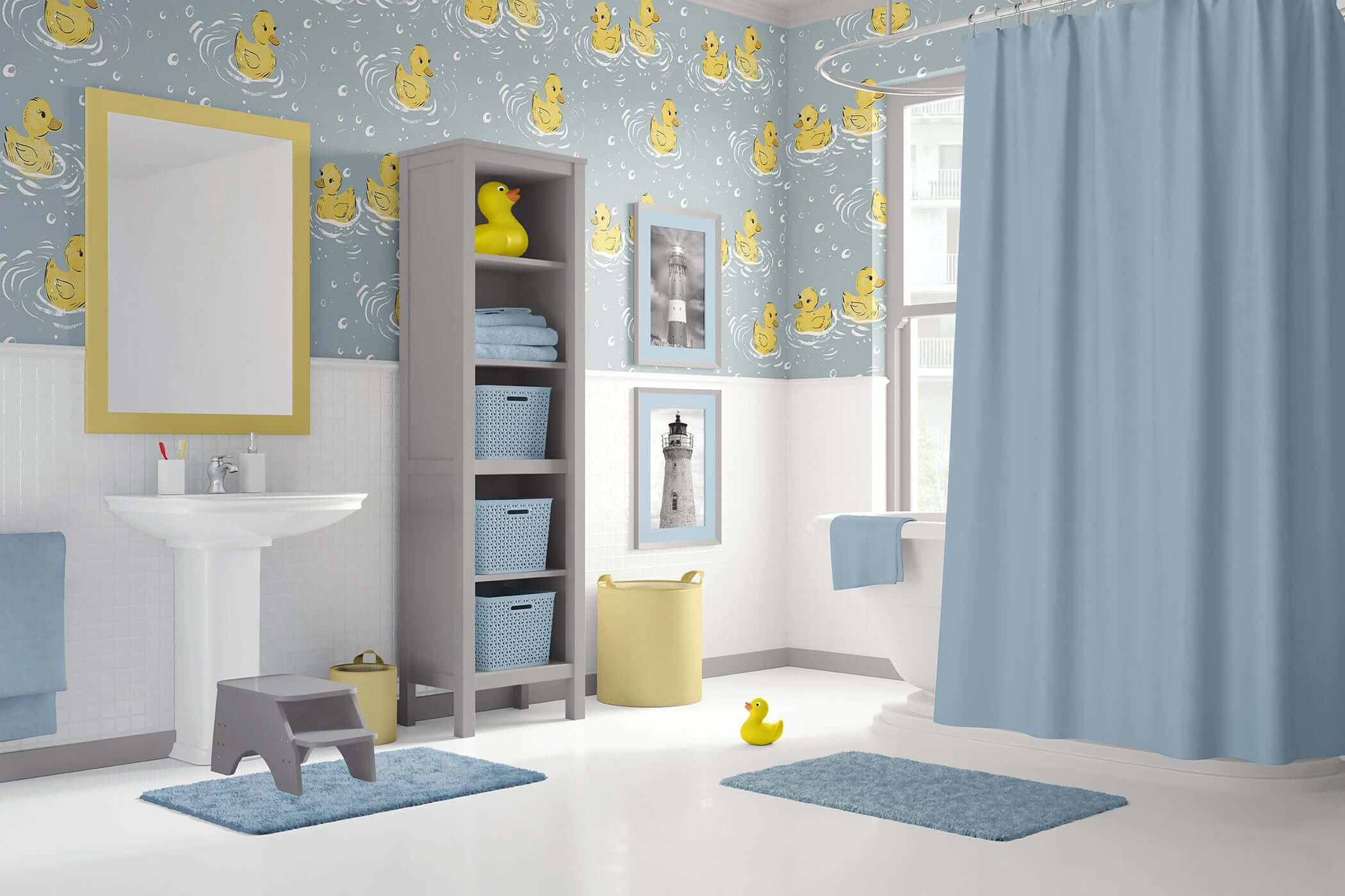 Charming nursery with Splish Splash wallpaper featuring playful ducks, perfect for babies and children's bathrooms or playrooms.