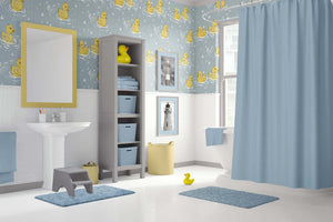 Charming nursery with Splish Splash wallpaper featuring playful ducks, perfect for babies and children's bathrooms or playrooms.