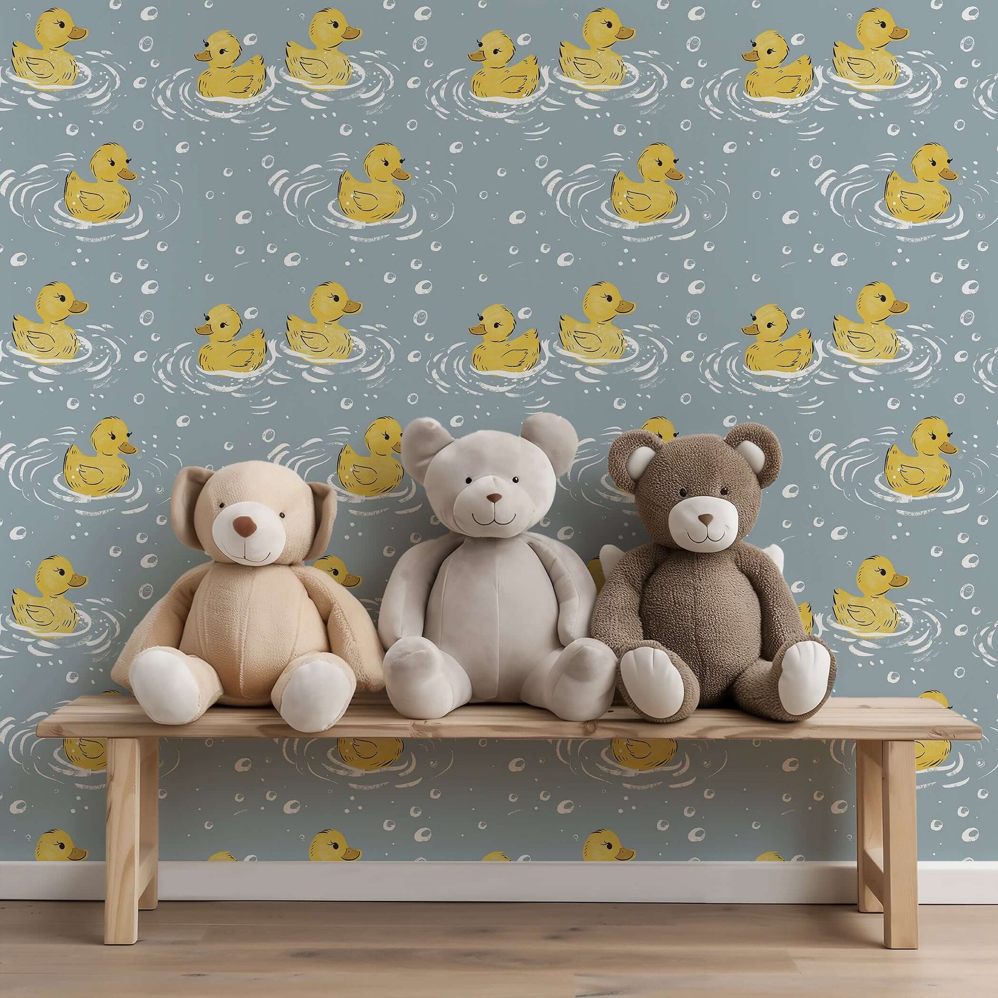 Splish Splash wallpaper with cheerful yellow ducks swimming in bubbly blue water, ideal for baby nursery or children's playroom.