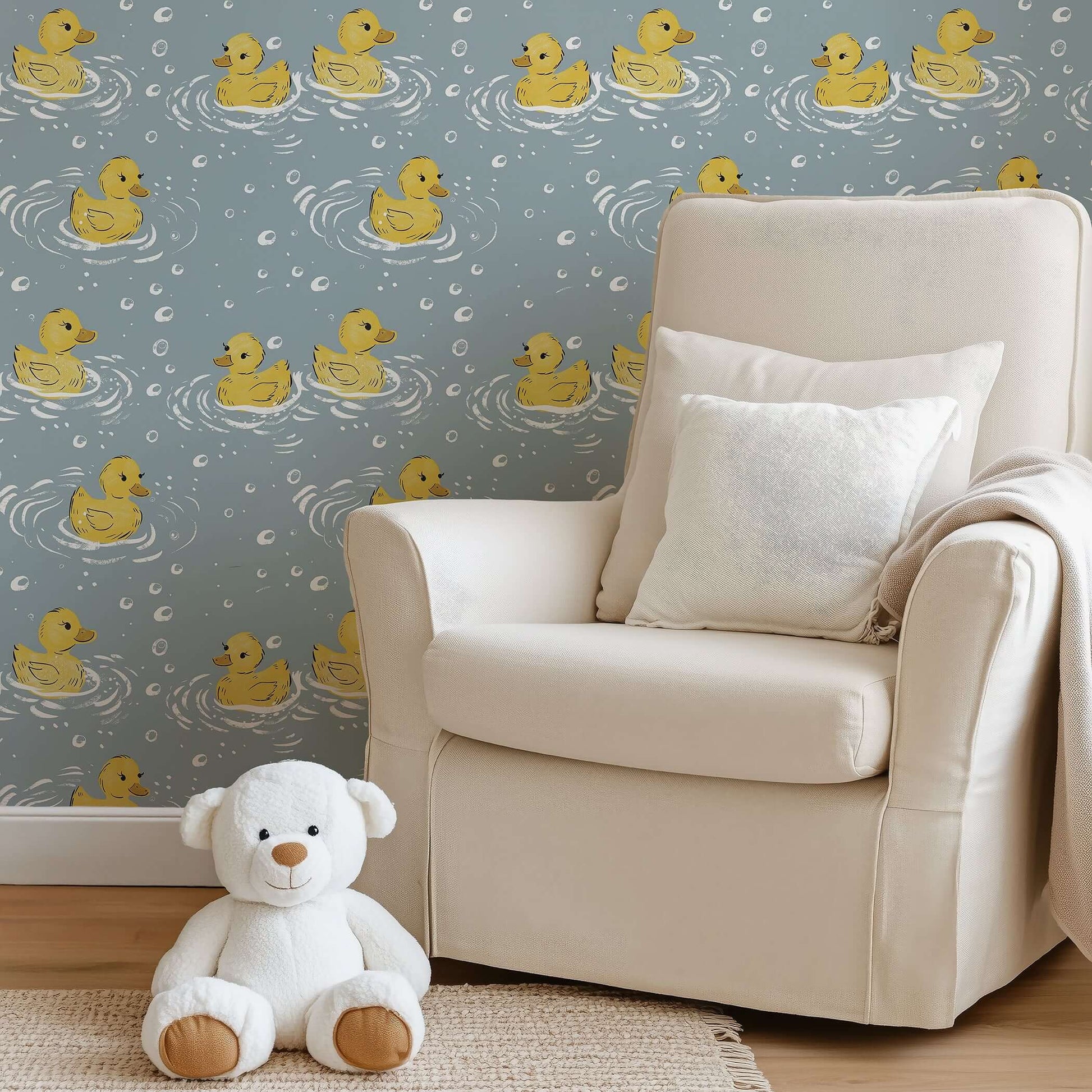 Splish Splash wallpaper: cheerful ducklings swim in blue water, perfect for kids' nursery or playroom with calming pastels.