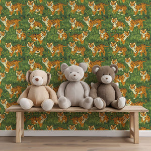 Lively Tiger Kingdom wallpaper featuring playful tigers roaming through green grass, perfect for children's nursery or playroom décor.