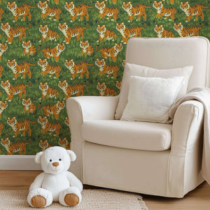 Tiger Kingdom wallpaper featuring tigers in green grass, perfect for a children's nursery, playroom, or jungle-themed decor.
