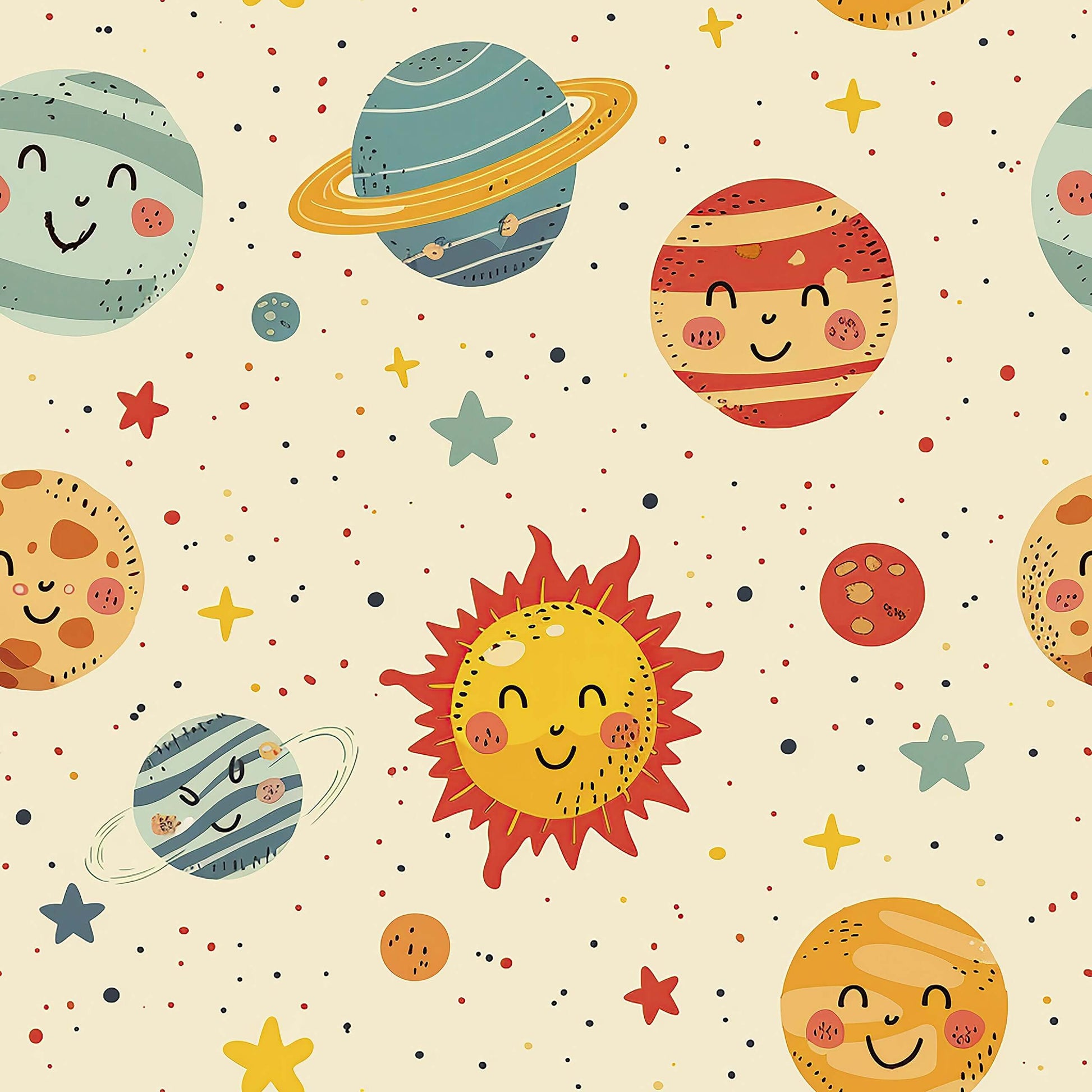Cosmic Smiles wallpaper with cheerful planets and stars for childrens' nursery or playroom, featuring a joyful solar system design.