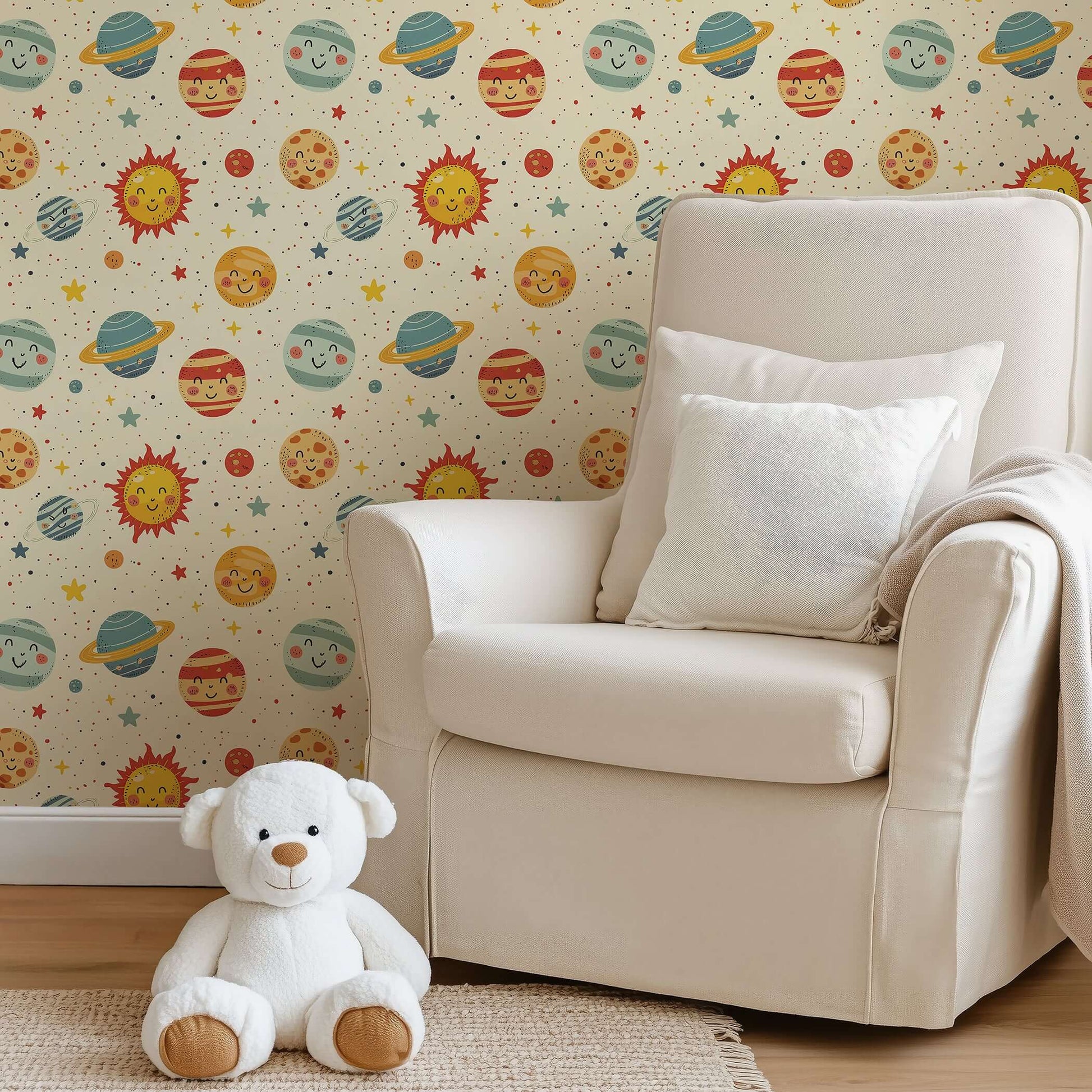 Cosmic Smiles wallpaper with cheerful planets and stars, perfect for a nursery or playroom. Ideal space-themed decor for children.