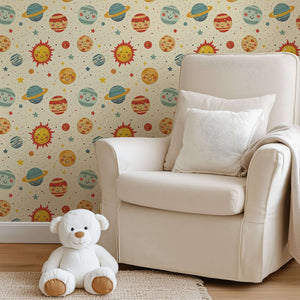 Cosmic Smiles wallpaper with cheerful planets and stars, perfect for a nursery or playroom. Ideal space-themed decor for children.