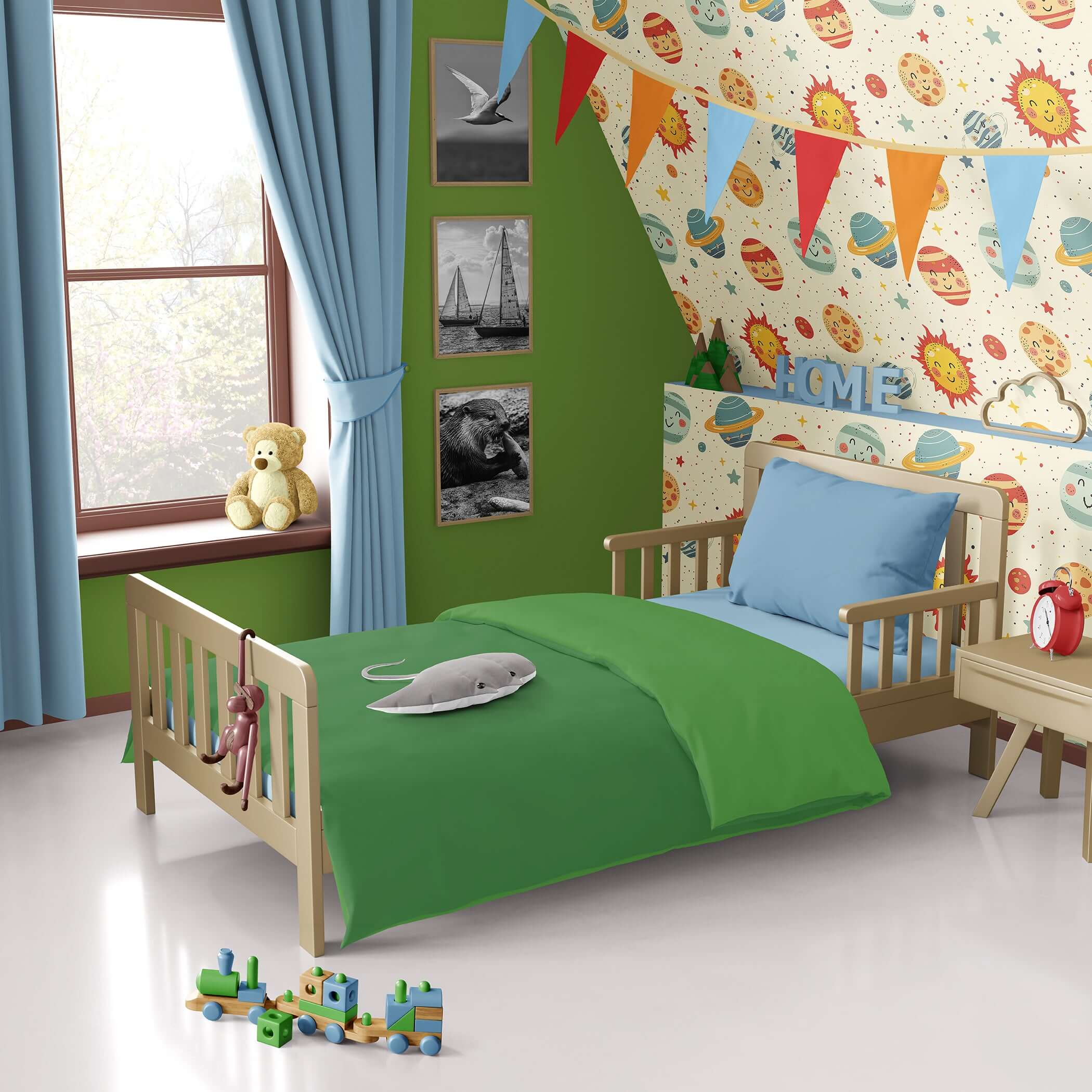 Kids room with Cosmic Smiles space-themed wallpaper featuring colorful planets, stars, and playful designs for nurseries or playrooms.