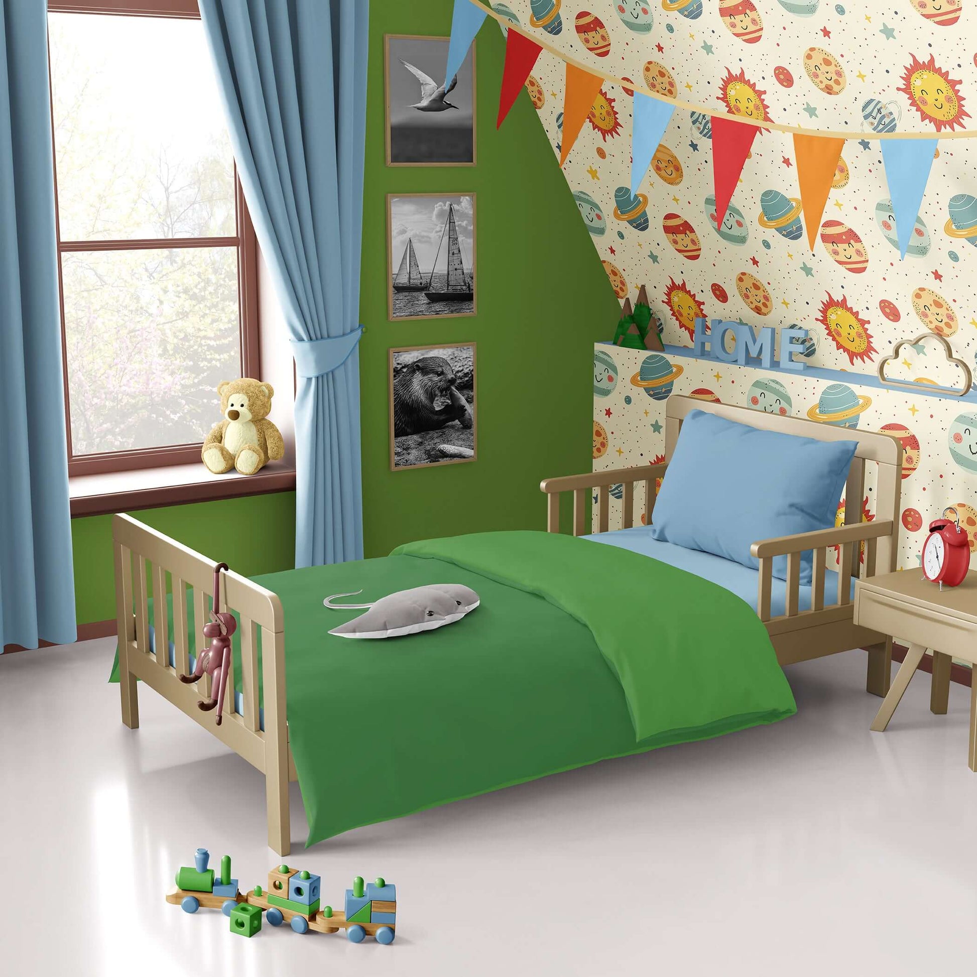 Kids room with Cosmic Smiles space-themed wallpaper featuring colorful planets, stars, and playful designs for nurseries or playrooms.