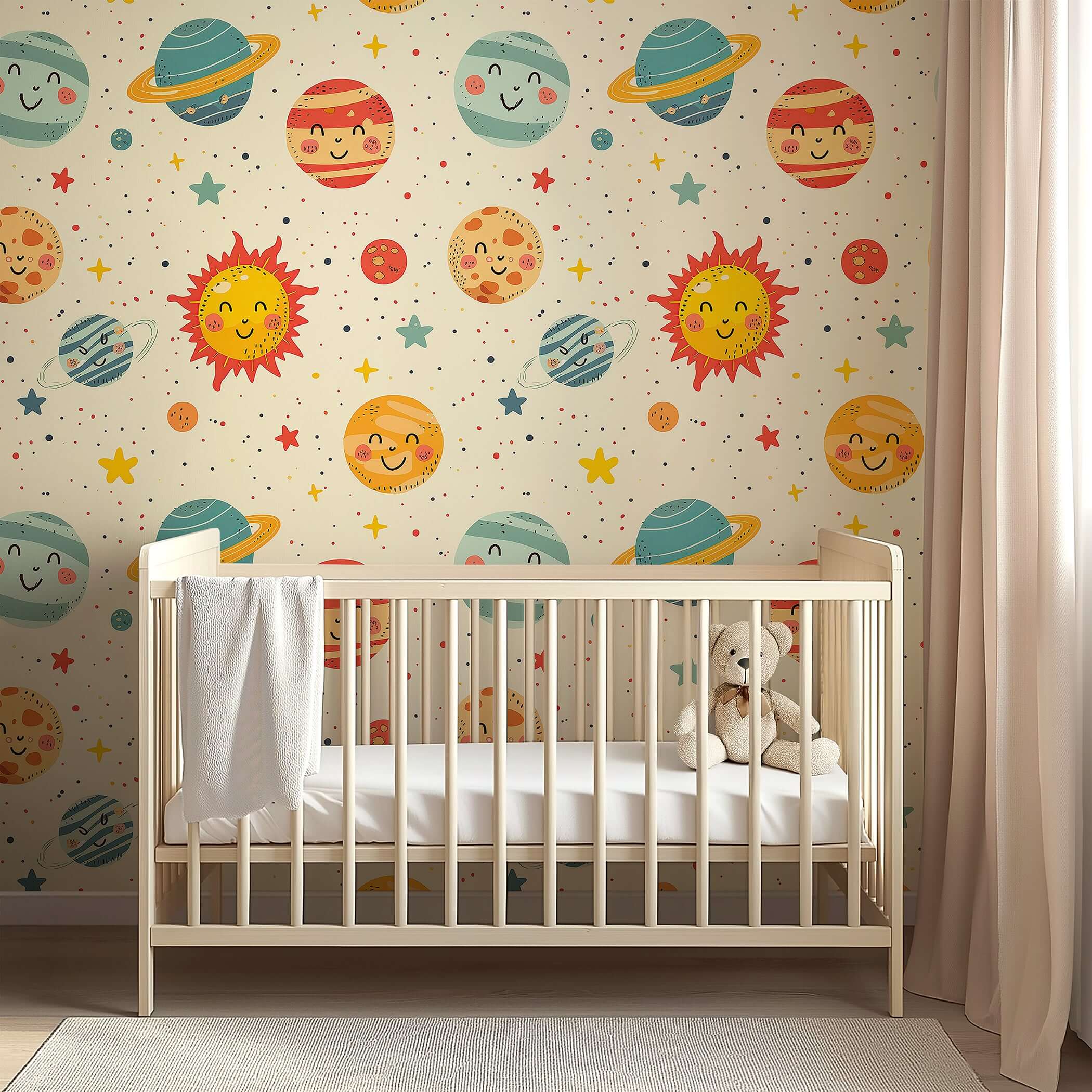 Alt Tag: "Cosmic Smiles Wallpaper in a nursery, featuring planets and sun with happy faces in vibrant colors, perfect for playrooms."