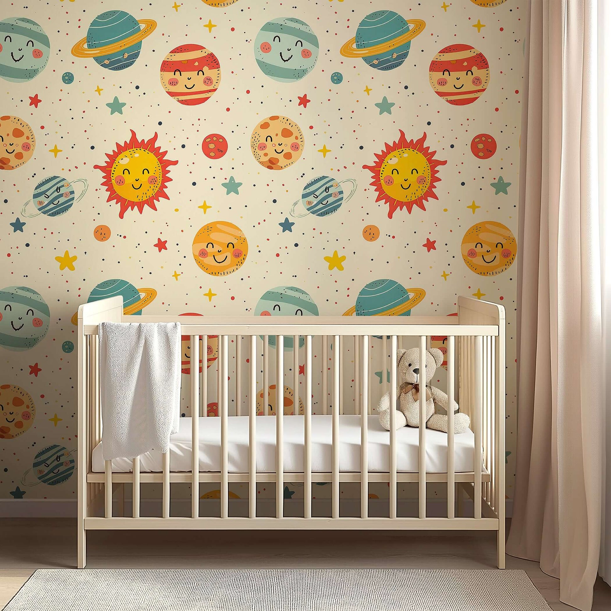 Alt Tag: "Cosmic Smiles Wallpaper in a nursery, featuring planets and sun with happy faces in vibrant colors, perfect for playrooms."