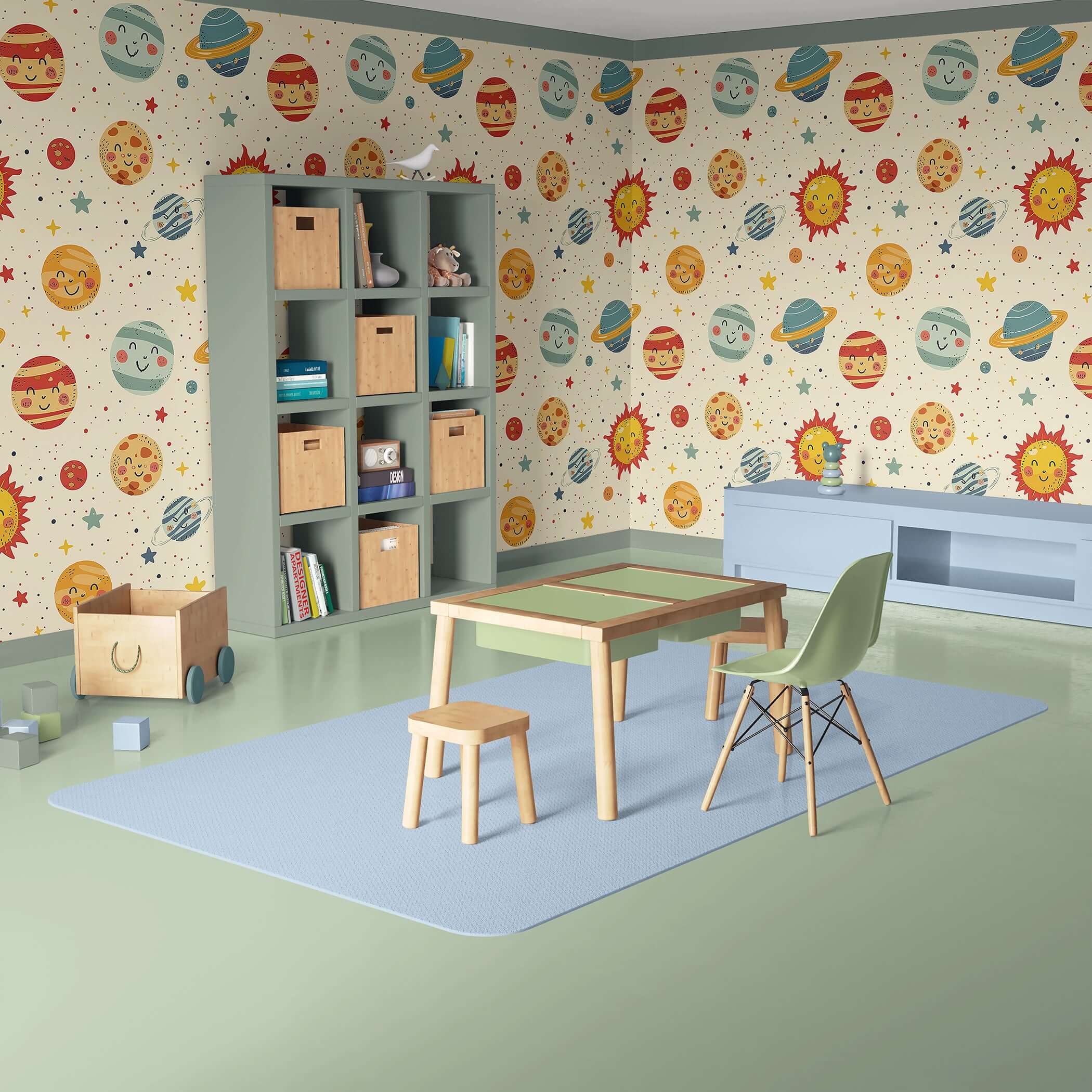 Playful space-themed nursery with Cosmic Smiles wallpaper featuring happy planets, stars, and sun, perfect for kids' rooms and playrooms.